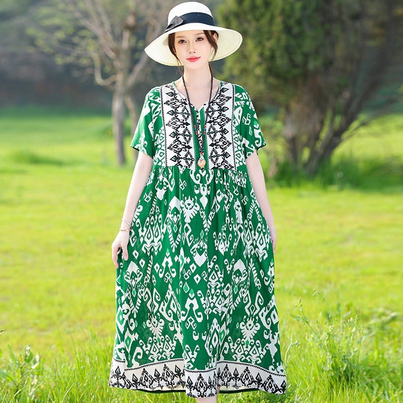 Women Summer Dress Short Sleeve Boho Midi Floral Print Ethnic A Line Sundress
