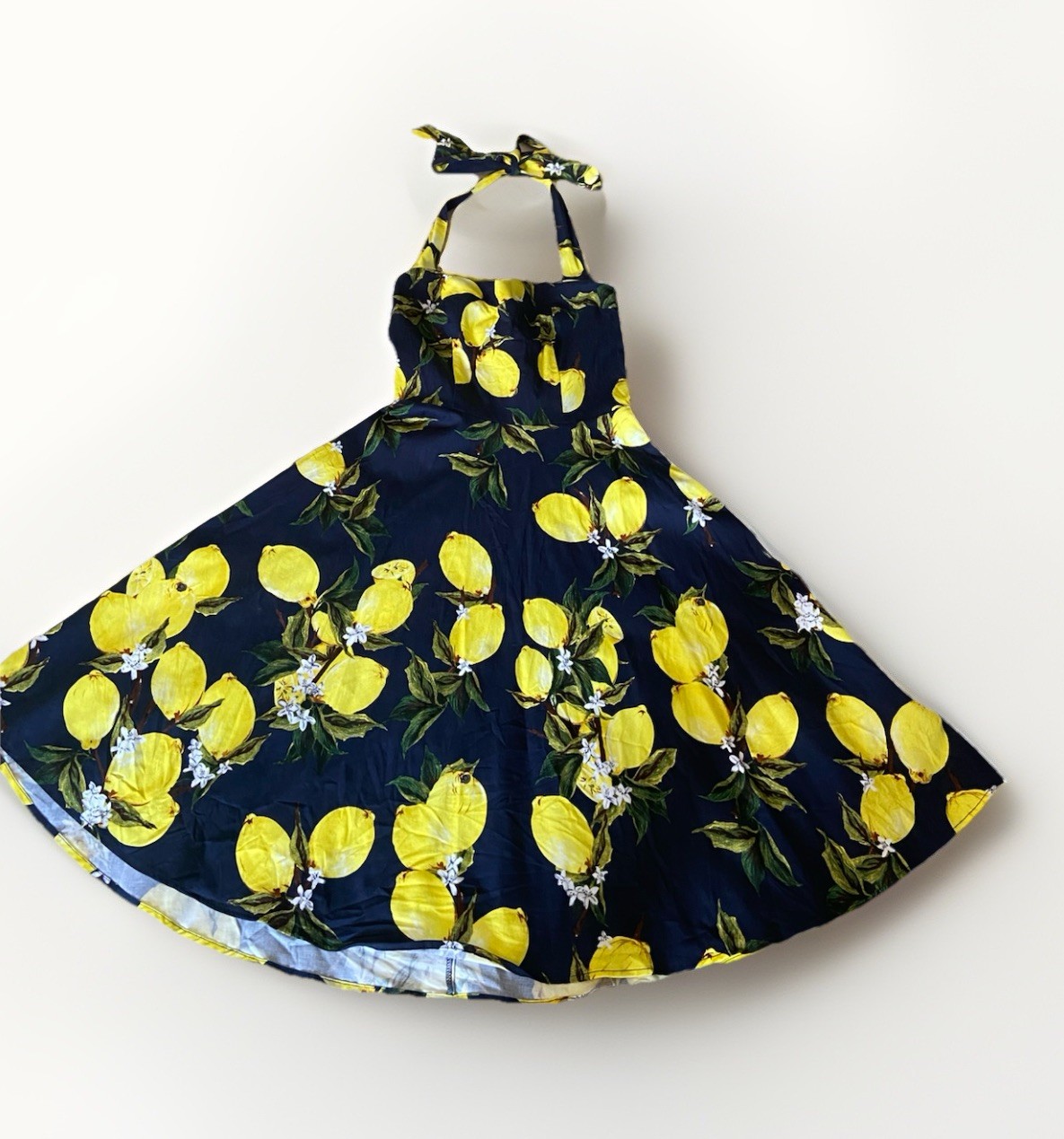 Topdress Women’s Lemon Halter Sundress S Navy Blue Citrus Print Retro Swing
