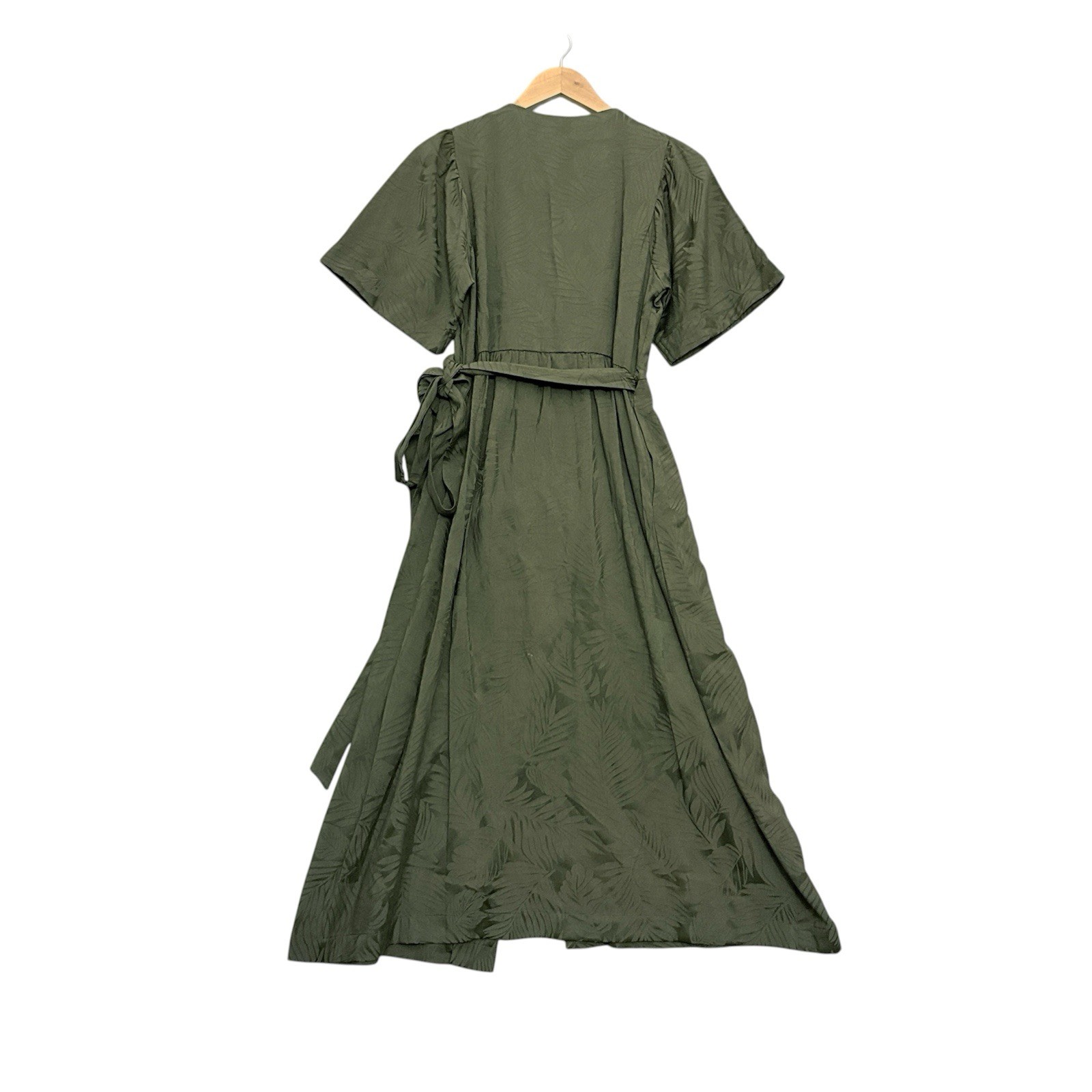 Oliver Bonas Maxi Wrap Dress Green Leaf Print UK 12 US 8 Short Sleeve Romantic