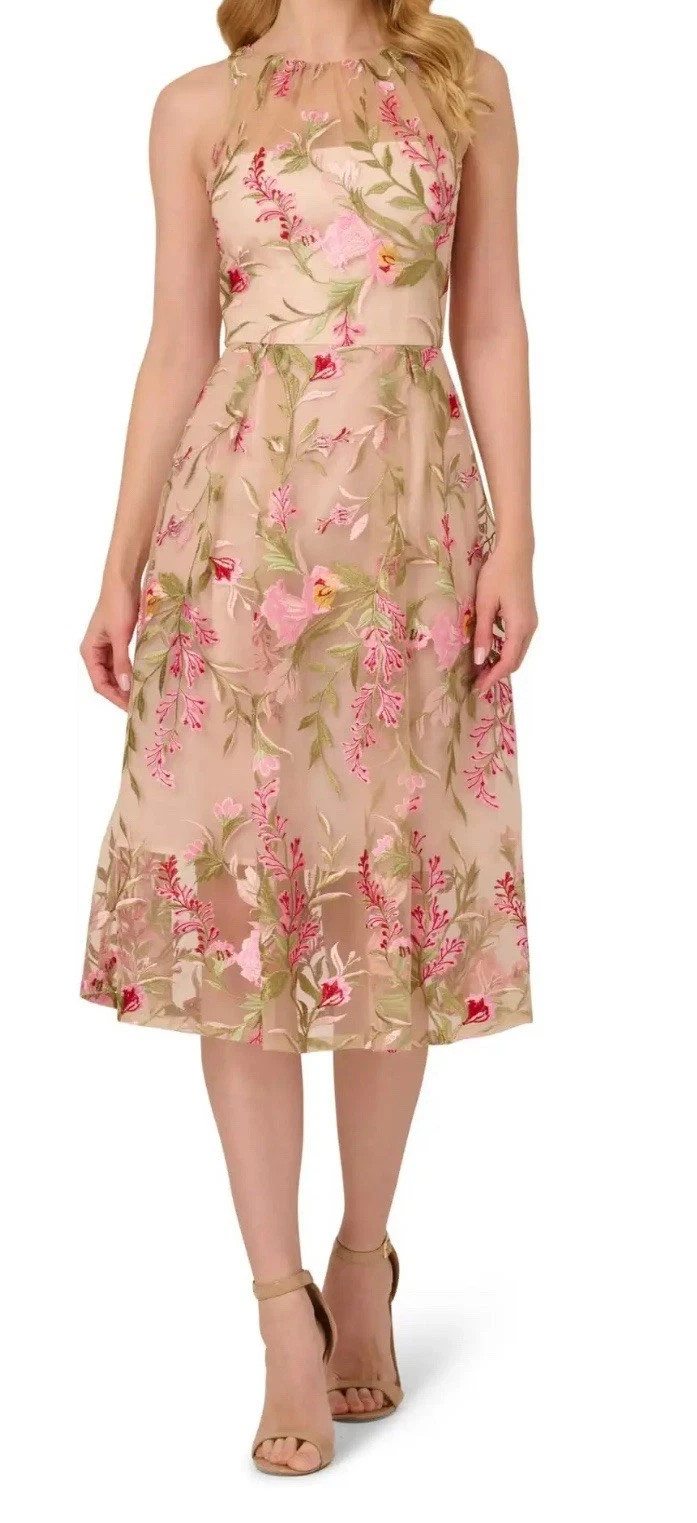 Adrianna Papell Pink Taupe Floral Embroidered Fit & Flare Dress Size 2 $229