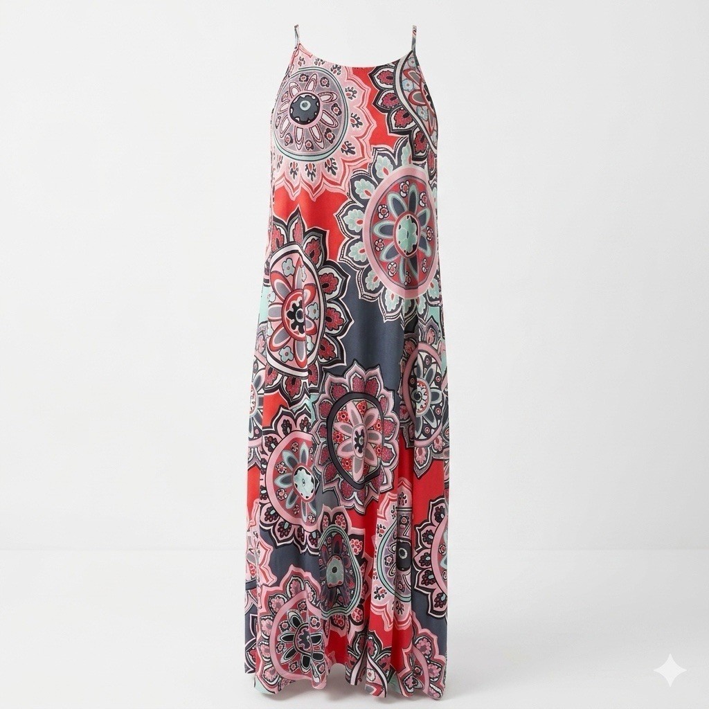 Womens Strappy Sleeveless Midi Dress 2XL Geometric Feminine Beach Flowy Coastal