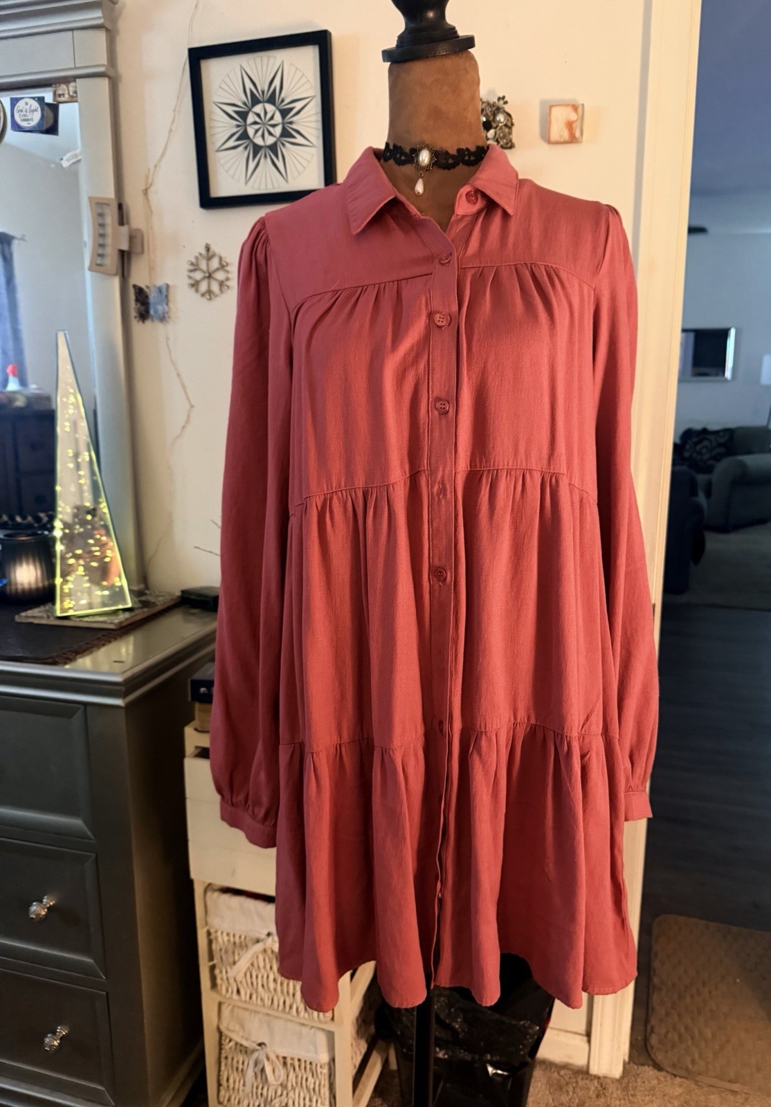 Mi Ami Tiered Babydoll Button-Down Babydoll Dress-M