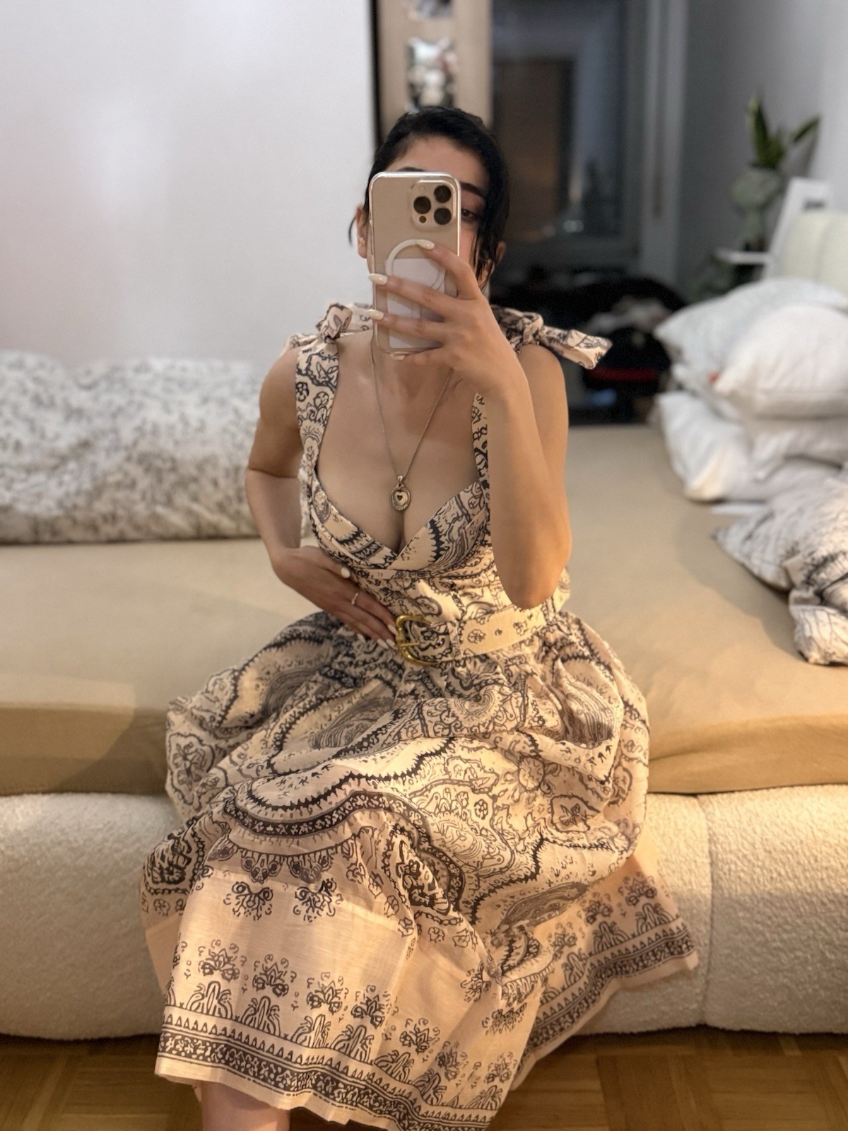 ZIMMERMANN Womens Midi Summer Dress S Beige/Black Paisley Sleeveless Belted
