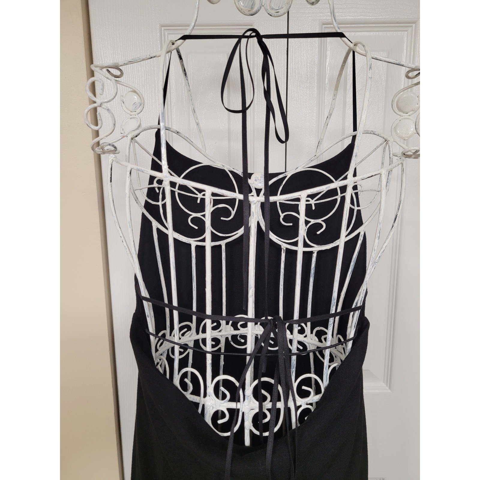 Black Backless Maxi Halter Dress Boho Tie Detail Stretch Ridifi Korea Size S