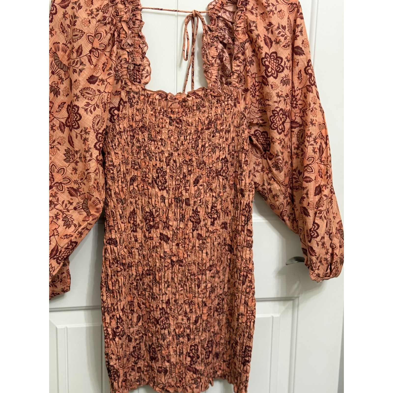 Free People Apricot Combo Mini Dress Floral Long Sleeve Smocked Ruffle Large