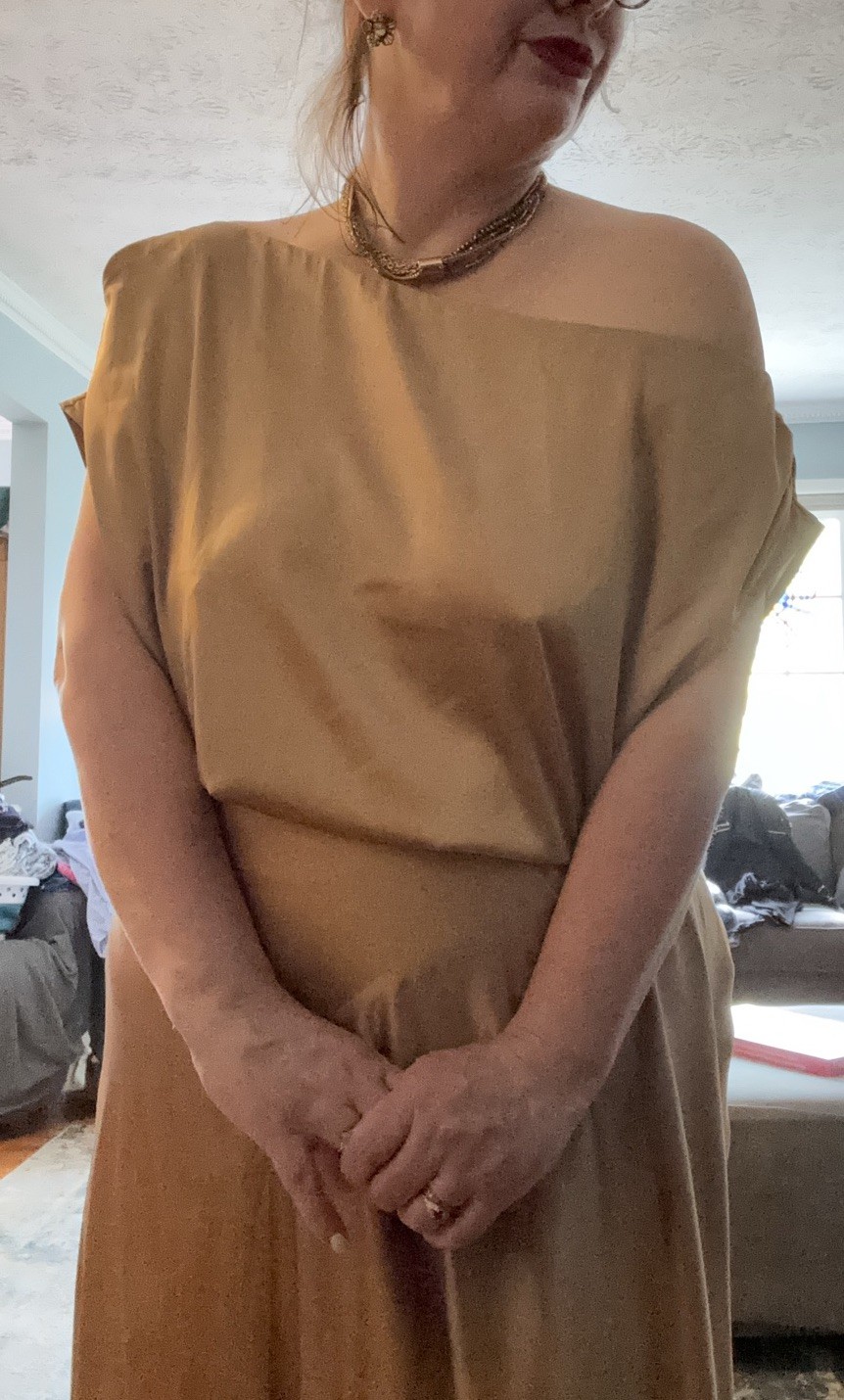 Champagne Beige Off Shoulder Dress Satin Asymmetrical Short Sleeve Solid Women
