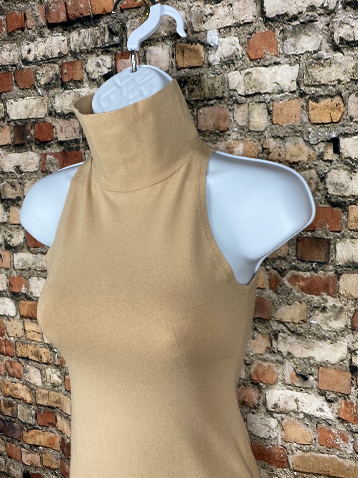 American Apparel Turtleneck Tank Mini Dress Nude Tan Bodycon Indie Sleaze Small
