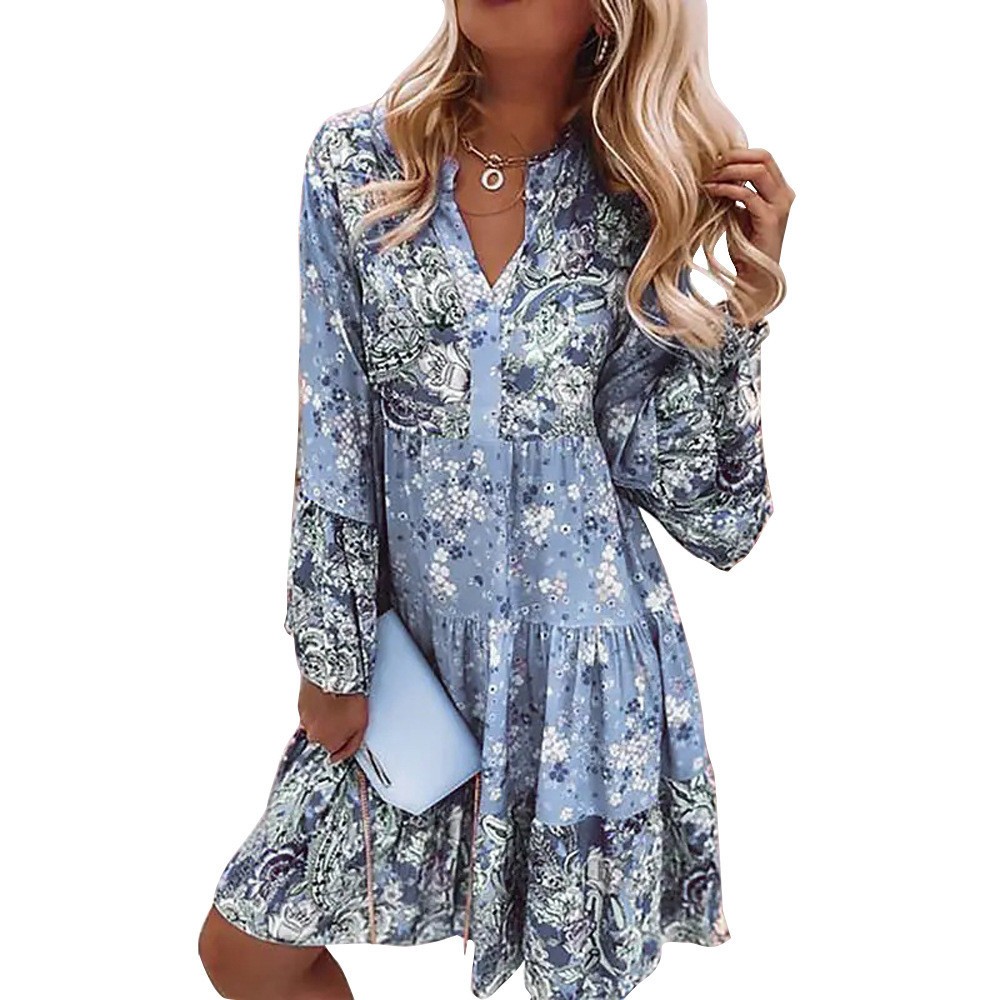 Womens Floral Boho V Neck Loose Dress Ladies Long Sleeve Summer Holiday Sundress