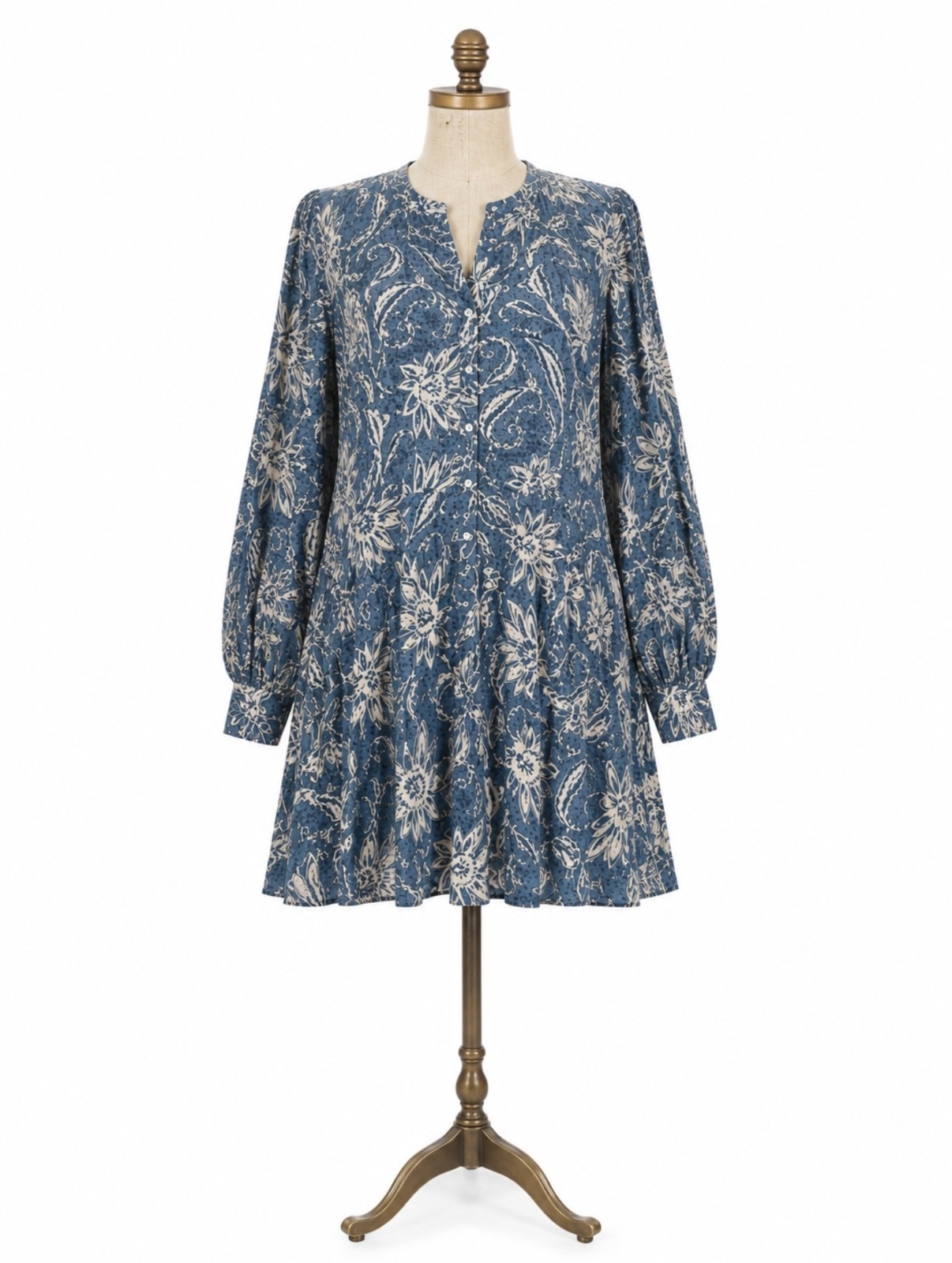H&M Dusty Blue Paisley Viscose Mini Dress XXL Boho Balloon Sleeve Cottagecore
