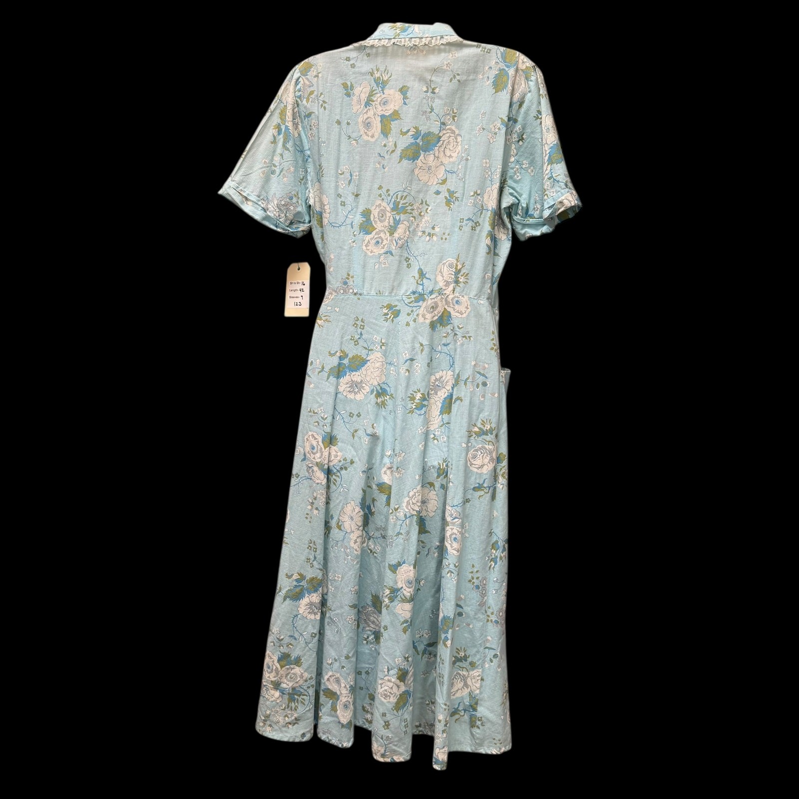 Vintage 1940s Blue Floral Seersucker Cotton House Dress Tie Waist Pockets Lace