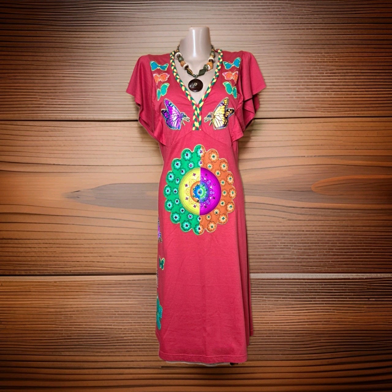 Desigual XL Red Butterfly Mandala Dress Belted Embroidered Applique Cotton Blend