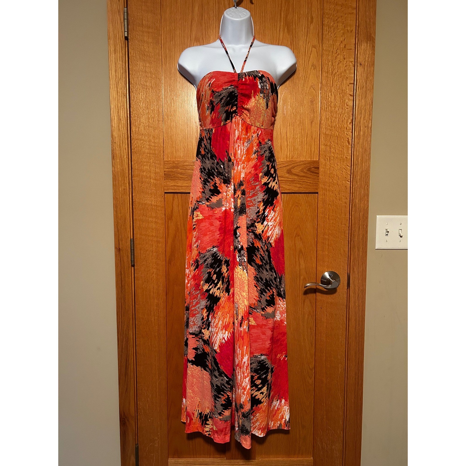 Vibrant Boho Orange Abstract Print Halter Maxi Dress Women’s Size Large