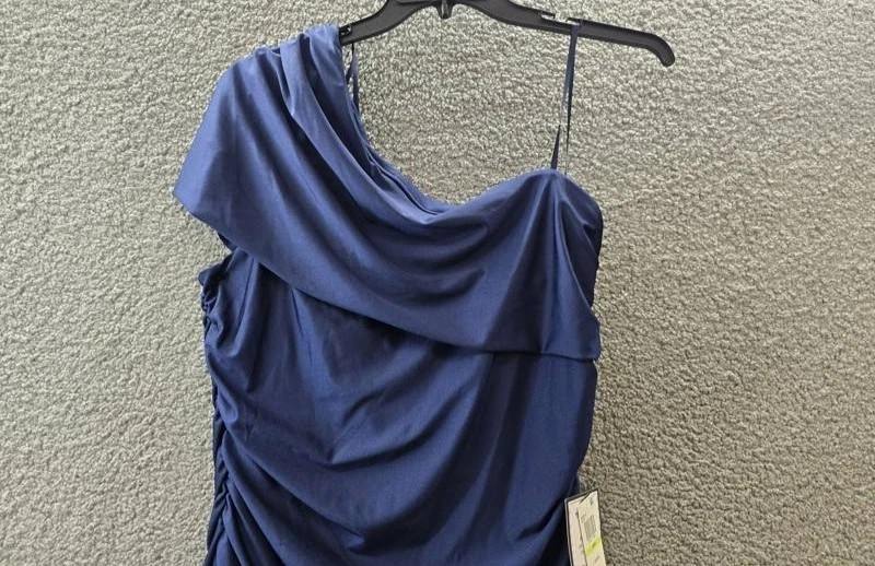 B. Darlin Plus Size Ruched One-Shoulder Dress 18W Navy Solid Back Ziper $79 MSRP