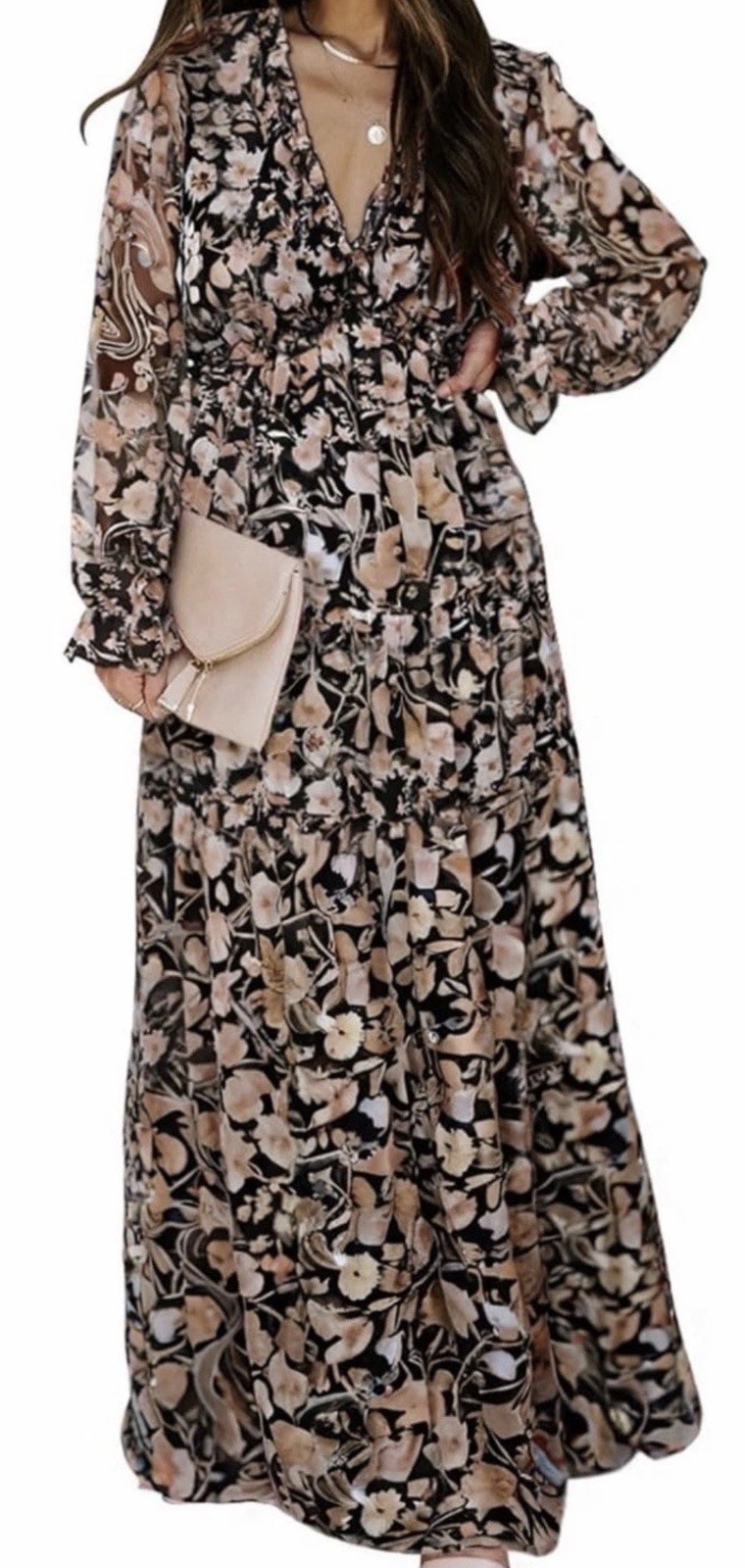BLENCOT Womens Dress Casual Size L Boho Blk Floral V Neck Short Sleeve Long Maxi