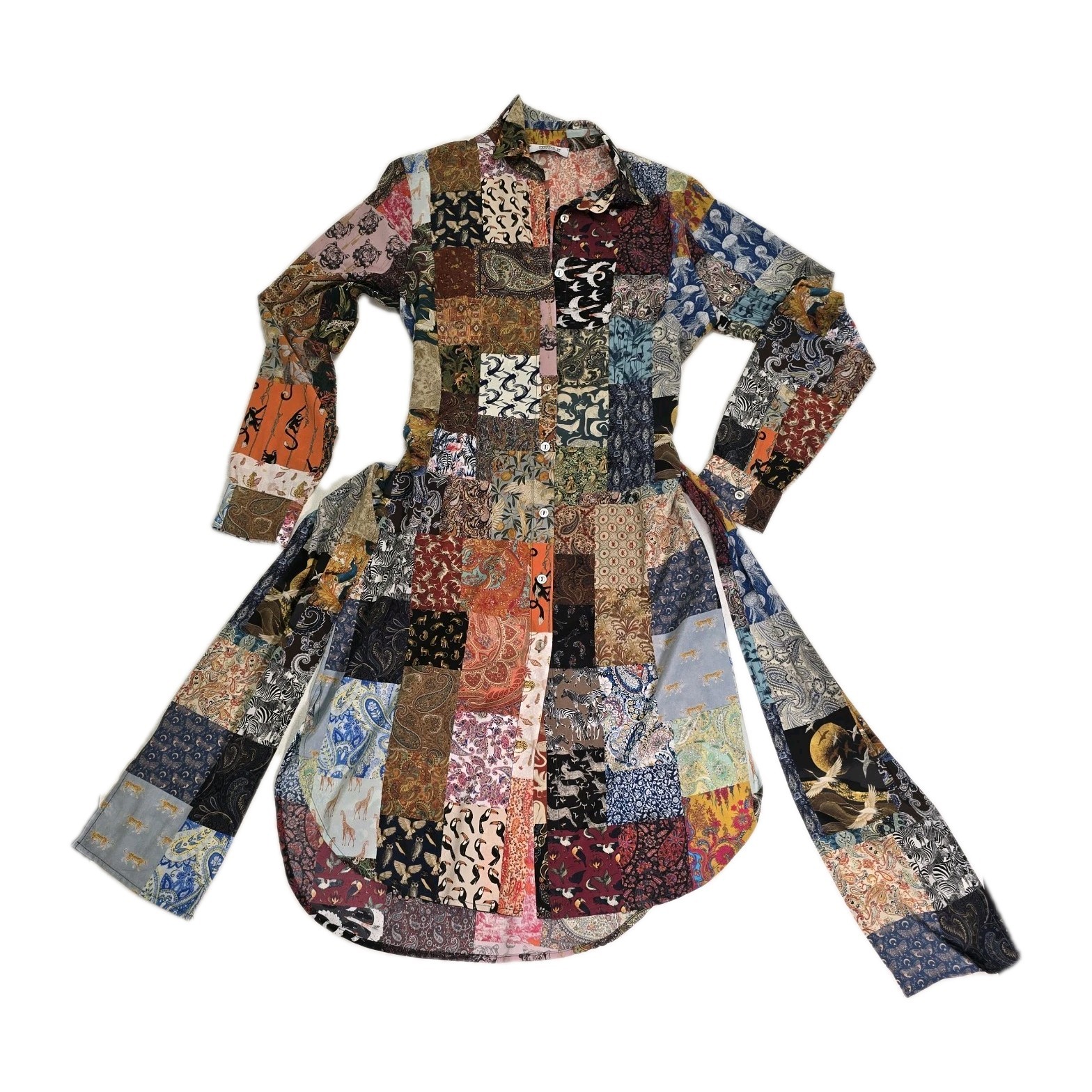 Unbreak.it Patchwork Silk Button Up Shirt Dress Small Tied Wild Animal Print