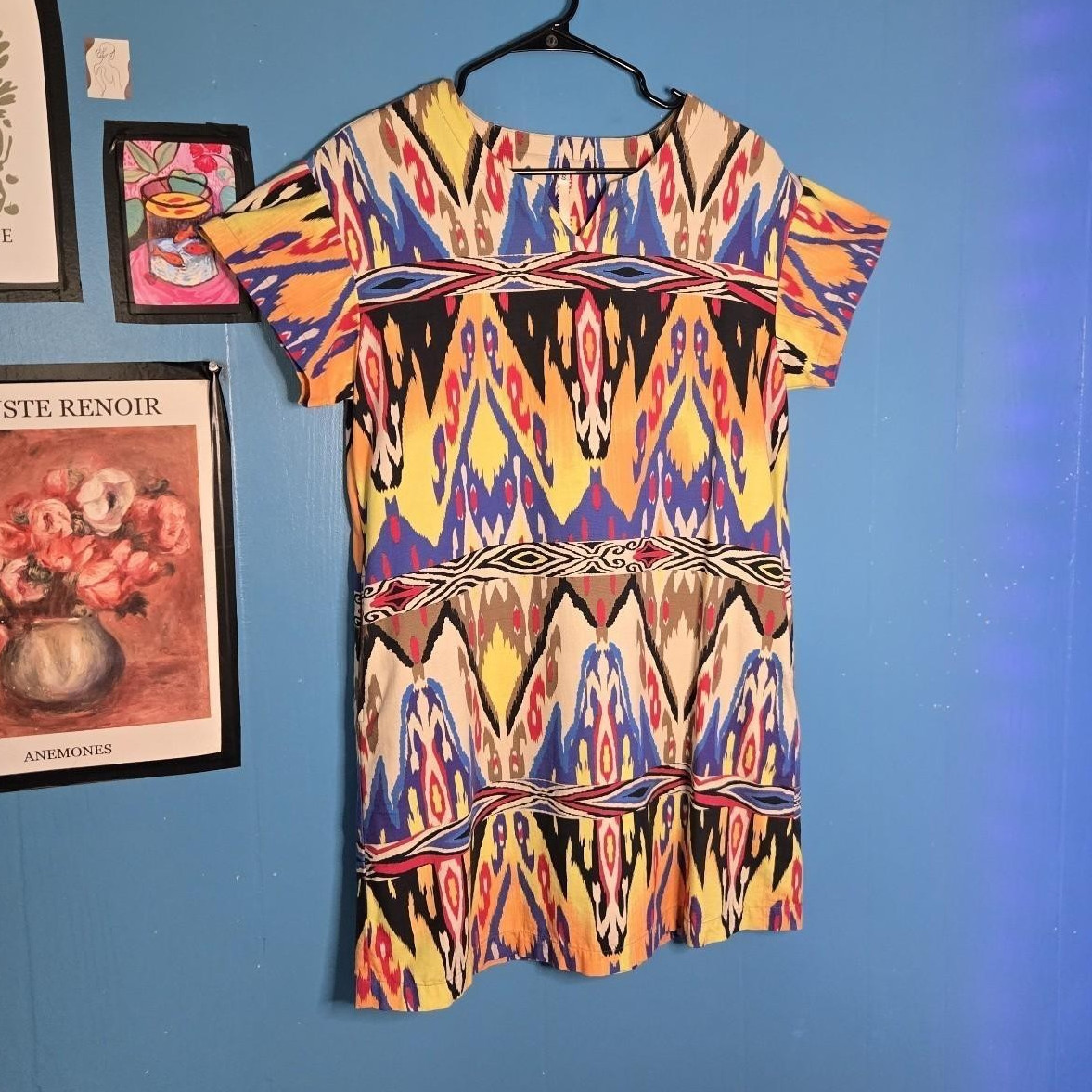 Uncle Frank Multicolor Geometric Aztec Shift Dress V-Neck Zip Short Sleeve S