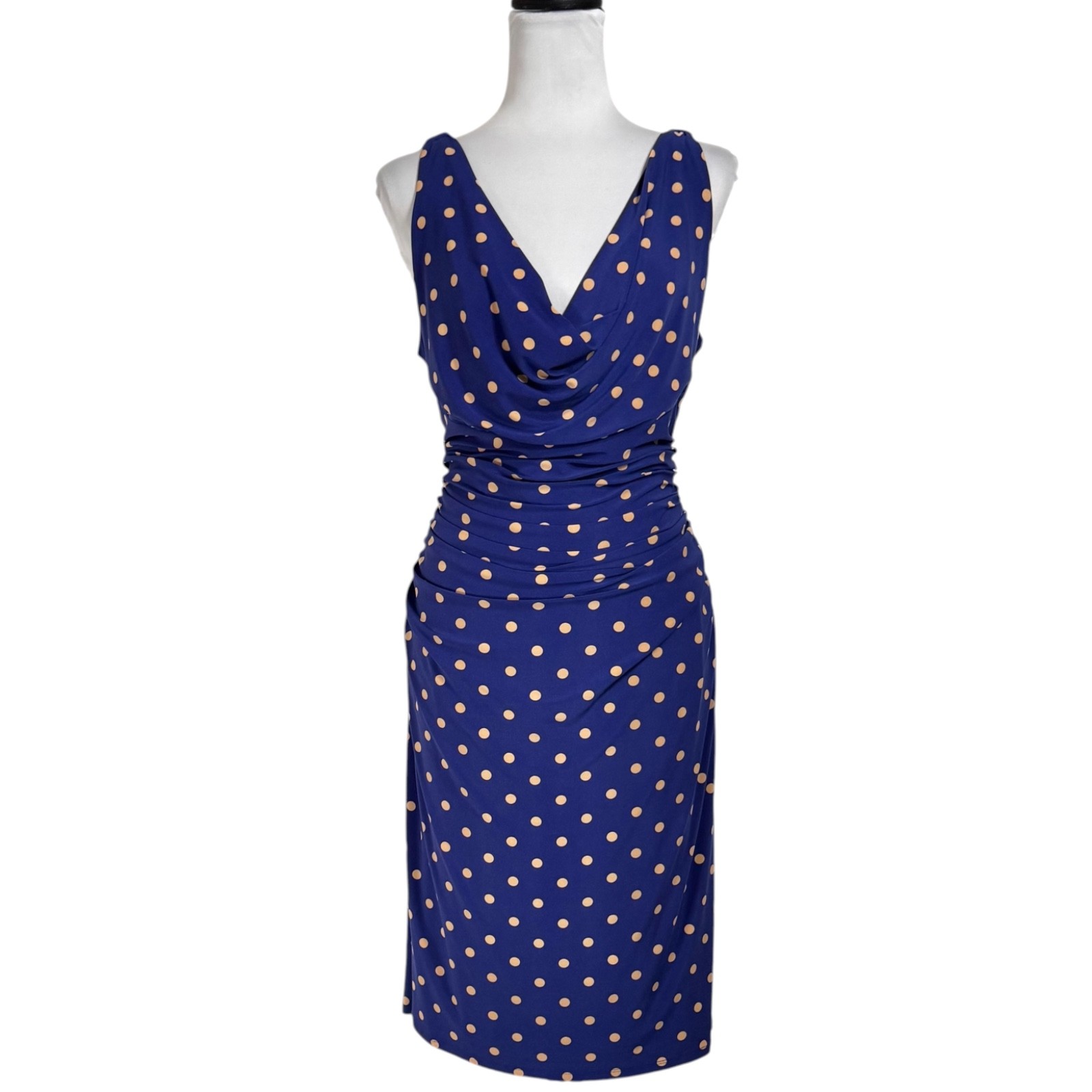 LRL Ralph Lauren Dress Size 16 Blue Tan Polka Dot Ruched Cowl Pinup Secretary