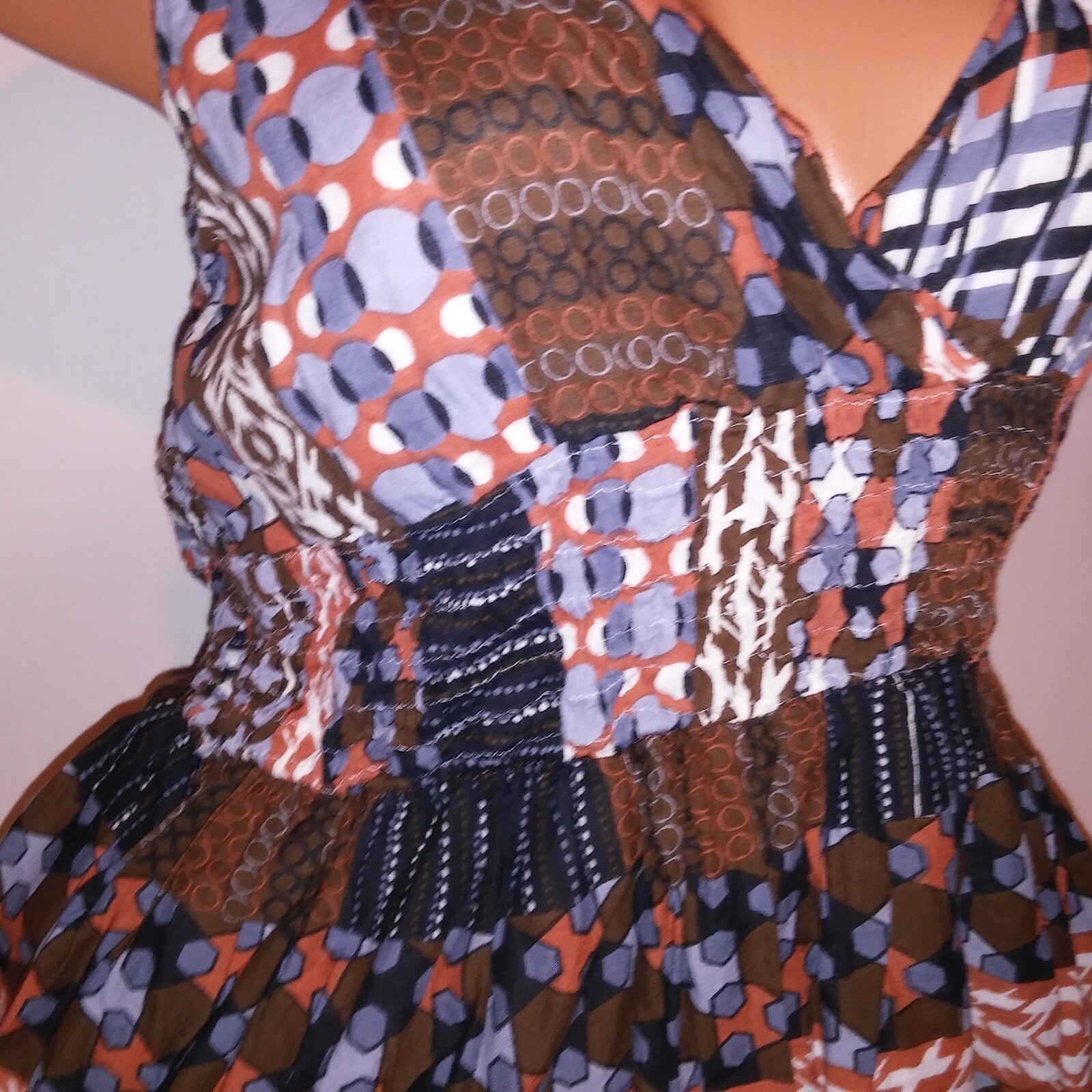 K Trixx Sun Dress Maxi Large Brown Blue White Smocked Sleeveless