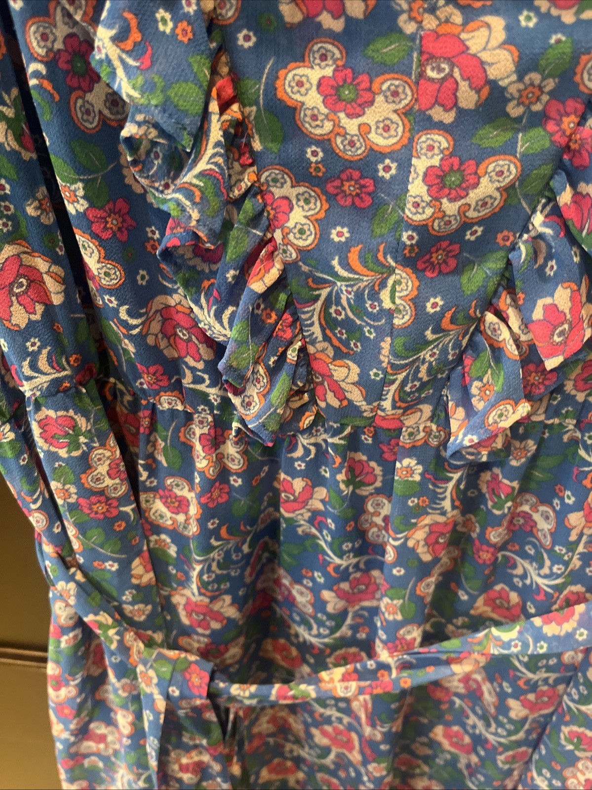 Boden Blue Floral Ruffled Midi Dress With Side Zip And Front Tie Size 8