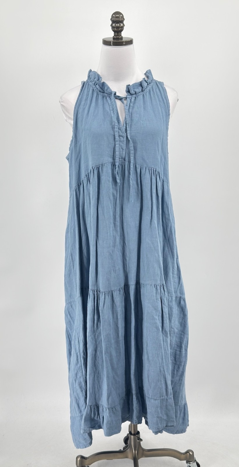 Meo Meli Blue Linen Layered Long Dress Sleeveless Tie Neck