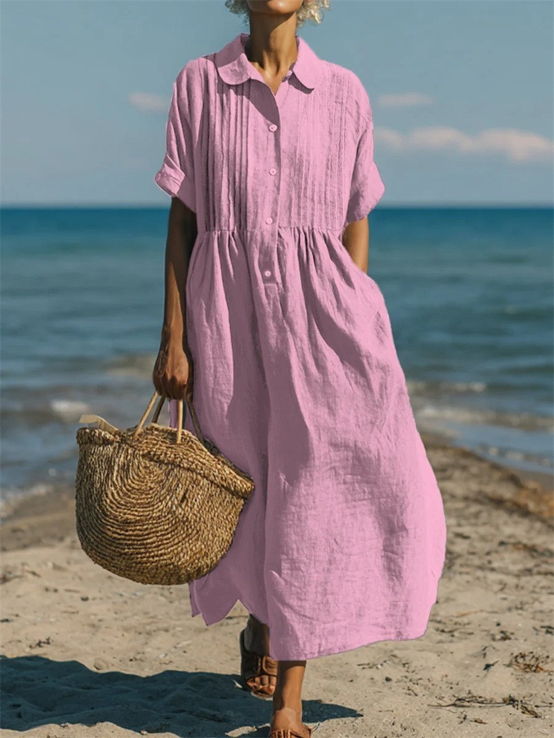 Ladies Loose Pleated💐Linen Cotton Pocket Summer Beach Baggy Kaftan Long Dress