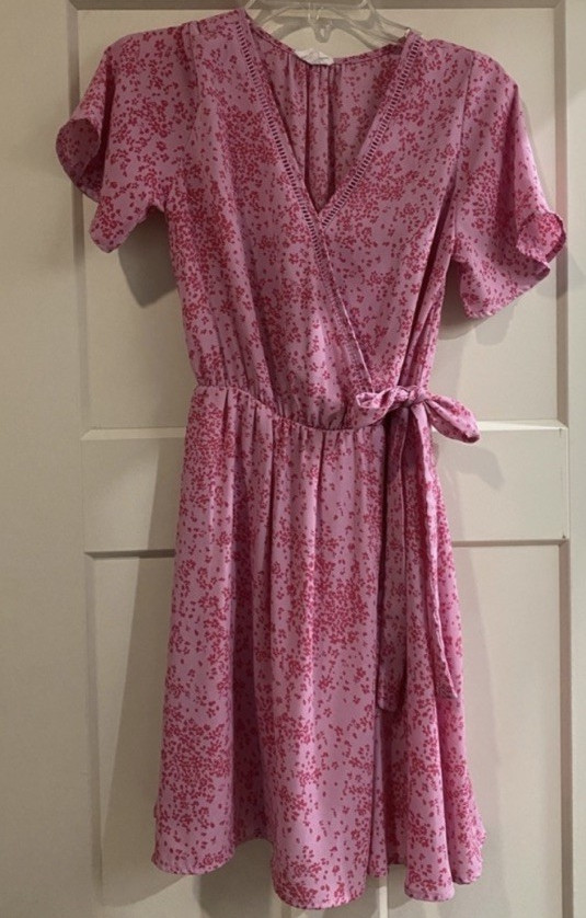Sienna Sky Pink Floral Wrap Dress V-Neck Kimono Short Sleeve Tie Waist S