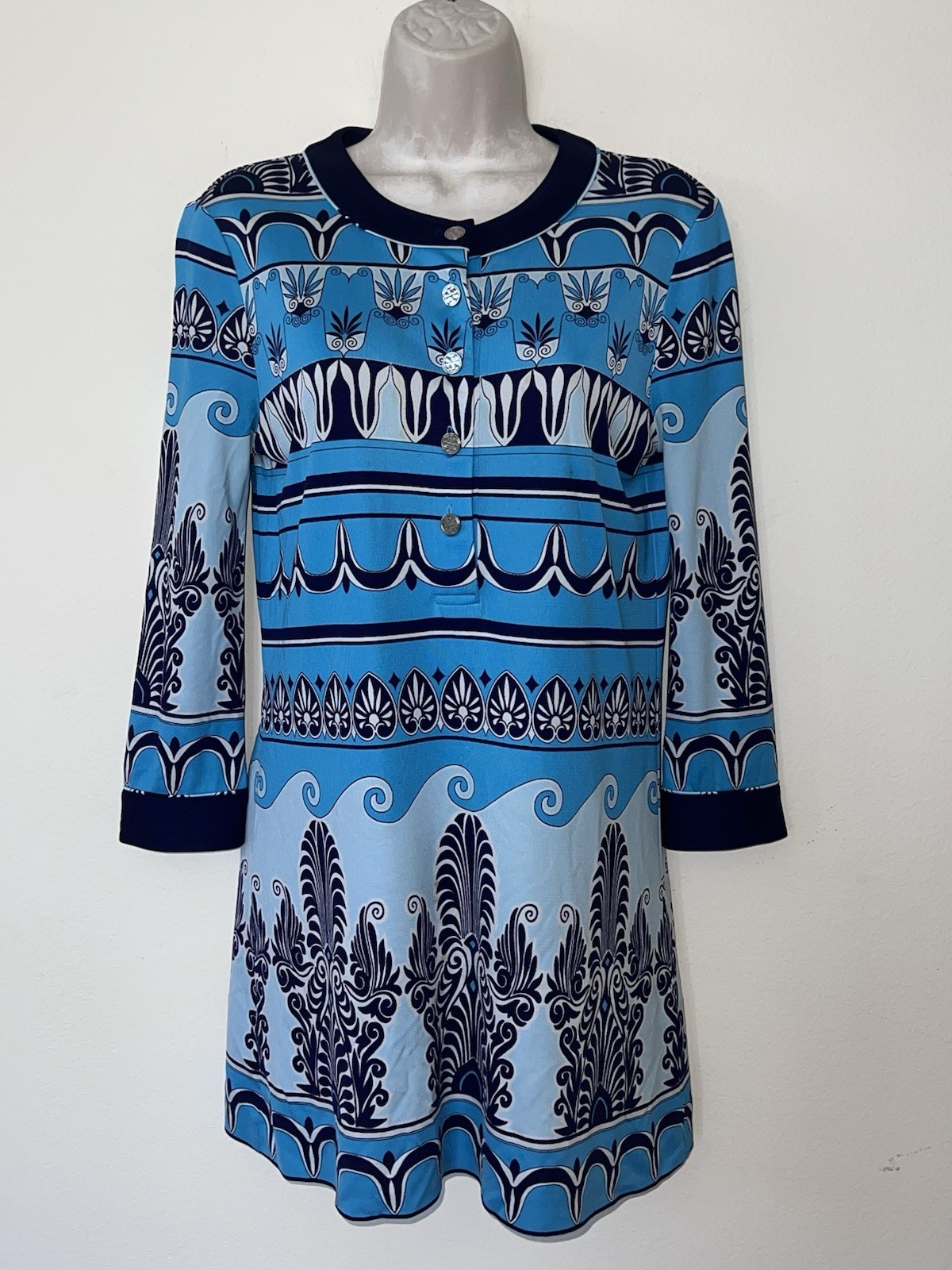Tory Burch Blue Silk Jersey Monochrome Geometric Pattern Tunic Dress Size S