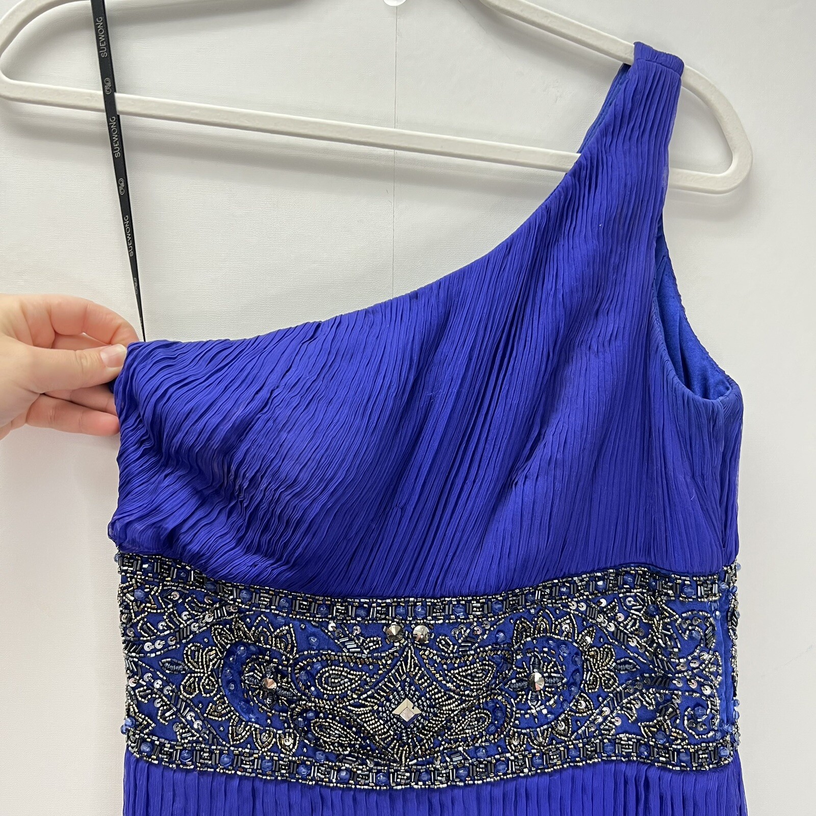 Sue Wong Nocturne Blue Silk Beaded Sequin Embellished One Shoulder Mini Dress 6
