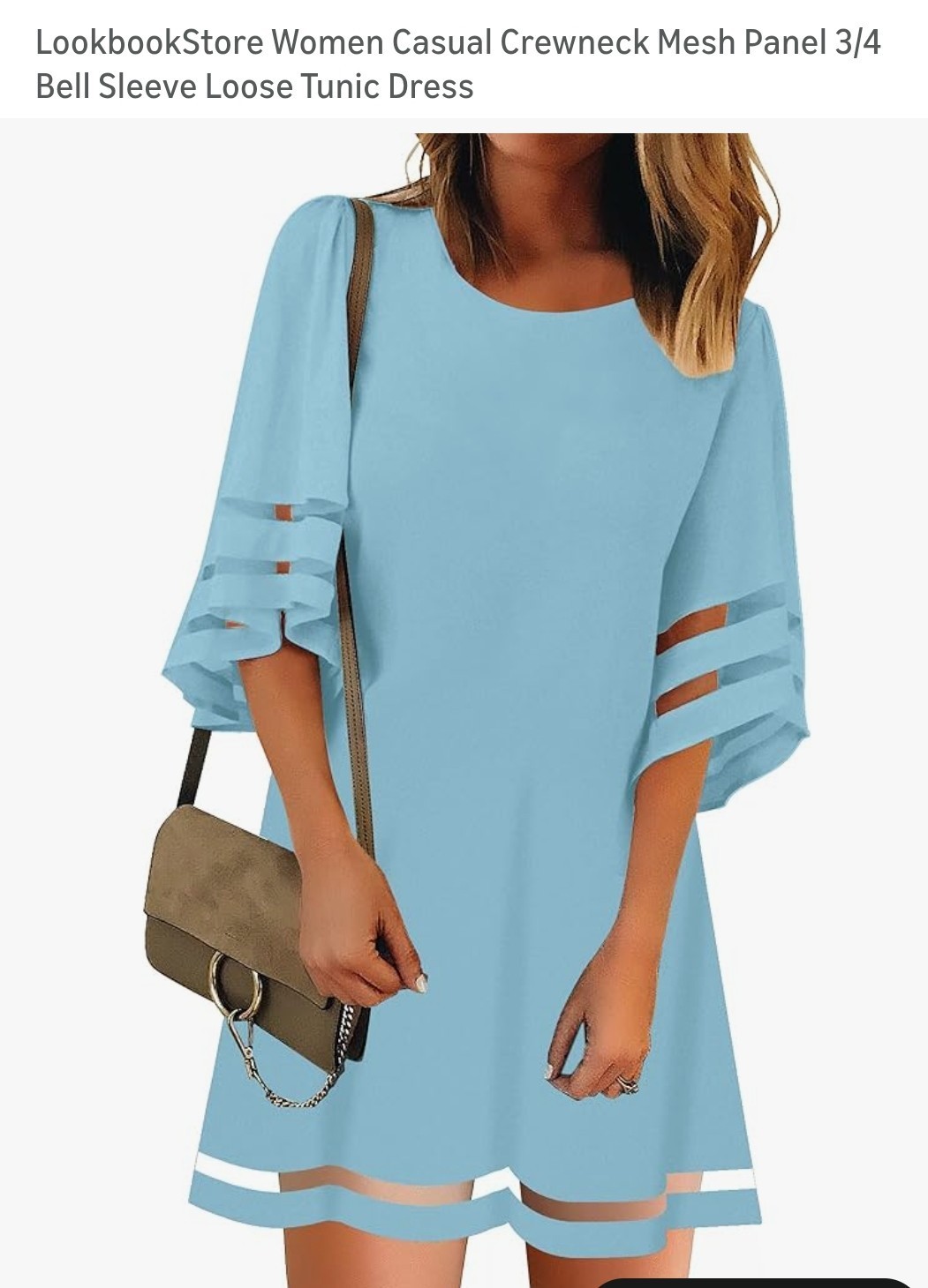 LookbookStore Mesh Panel Crew Neck 3/4 Bell Sleeve Loose Blue Tunic Dress Women