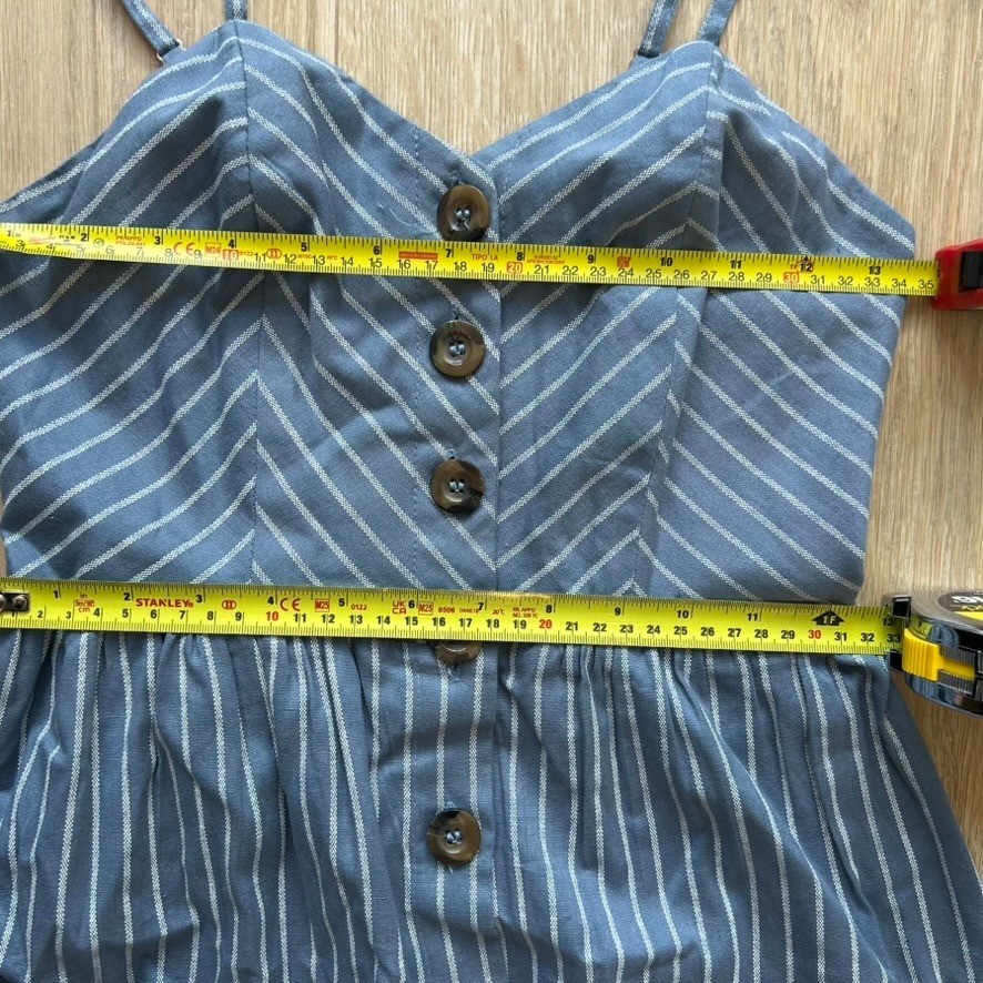 Blue Striped Cami Smocked Sundress Pockets Midi Dress S Button Front 100% Cotton