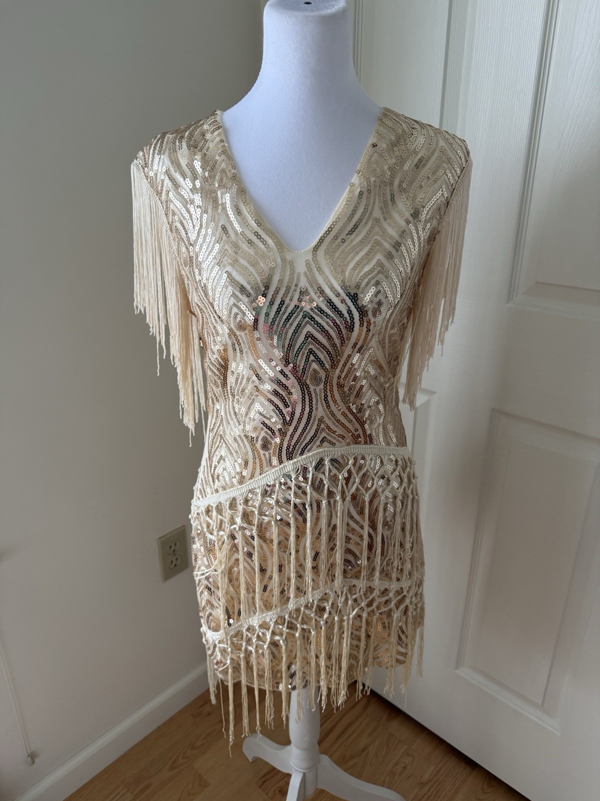 BABEYOND Gold Sequin Fringe Dress Western Boho Festival Gatsby NWT Small