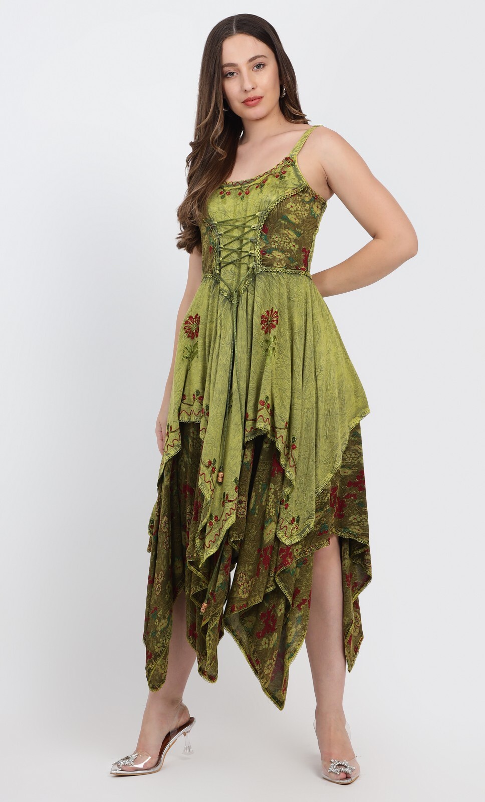 Bohemian Double Layered Lace Up Midi Dress Vintage-Inspired Asymmetrical Hemline