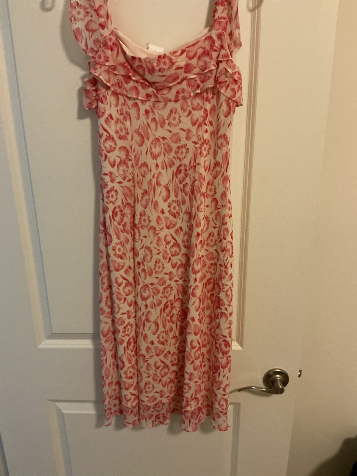 LOFT Ann Taylor NWT Floral Ruffle Dress 10 Petite Pink Cream Summer Casual