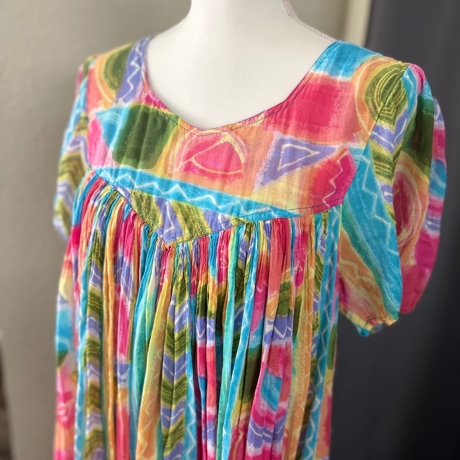 Sita Nepal Cotton Maxi Dress Small Multi Color Abstract Geometric Boho Crinkle