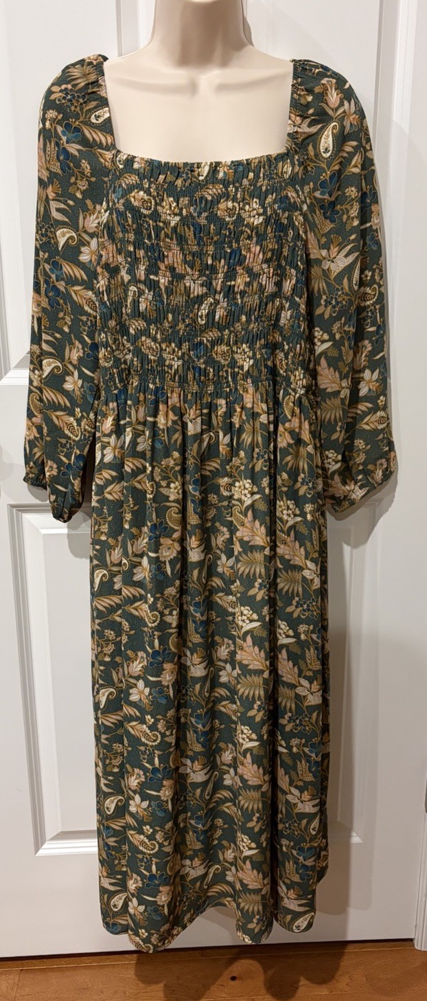 Nordstrom DR2 Dress with Smocking Floral Midi Size Large All Seasons NWT Lined