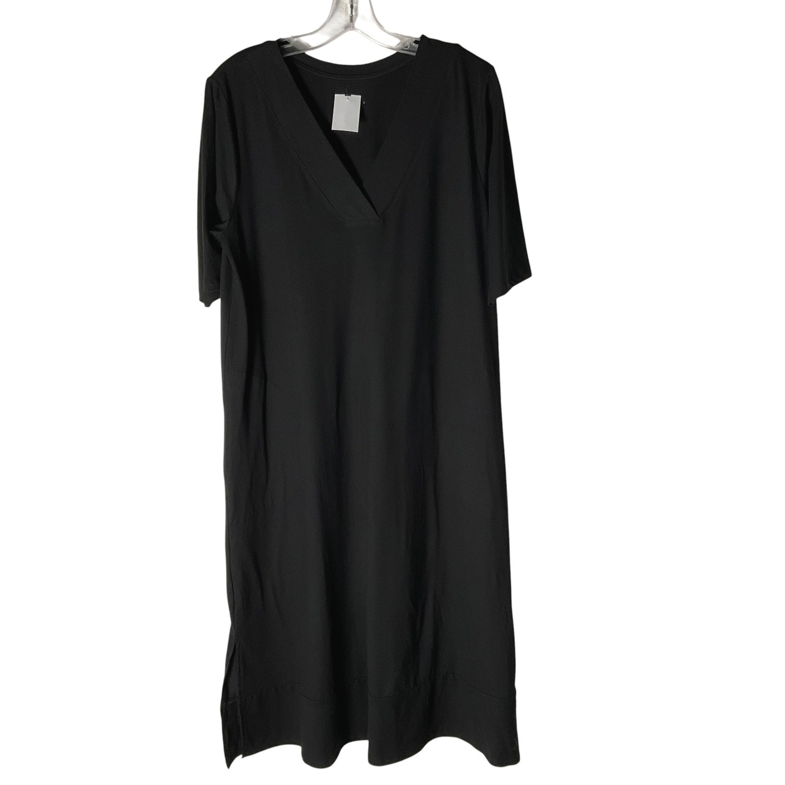Cuddl Duds Flexwear V-Neck Caftan House Dress A593297 Midi Pockets Black Small