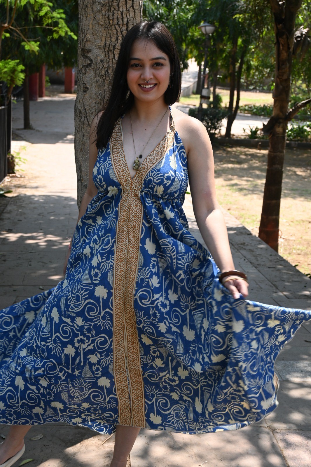 Boho Floral Print Halter Neck Maxi Dress V-Neck Backless Blue Summer Long Sundre