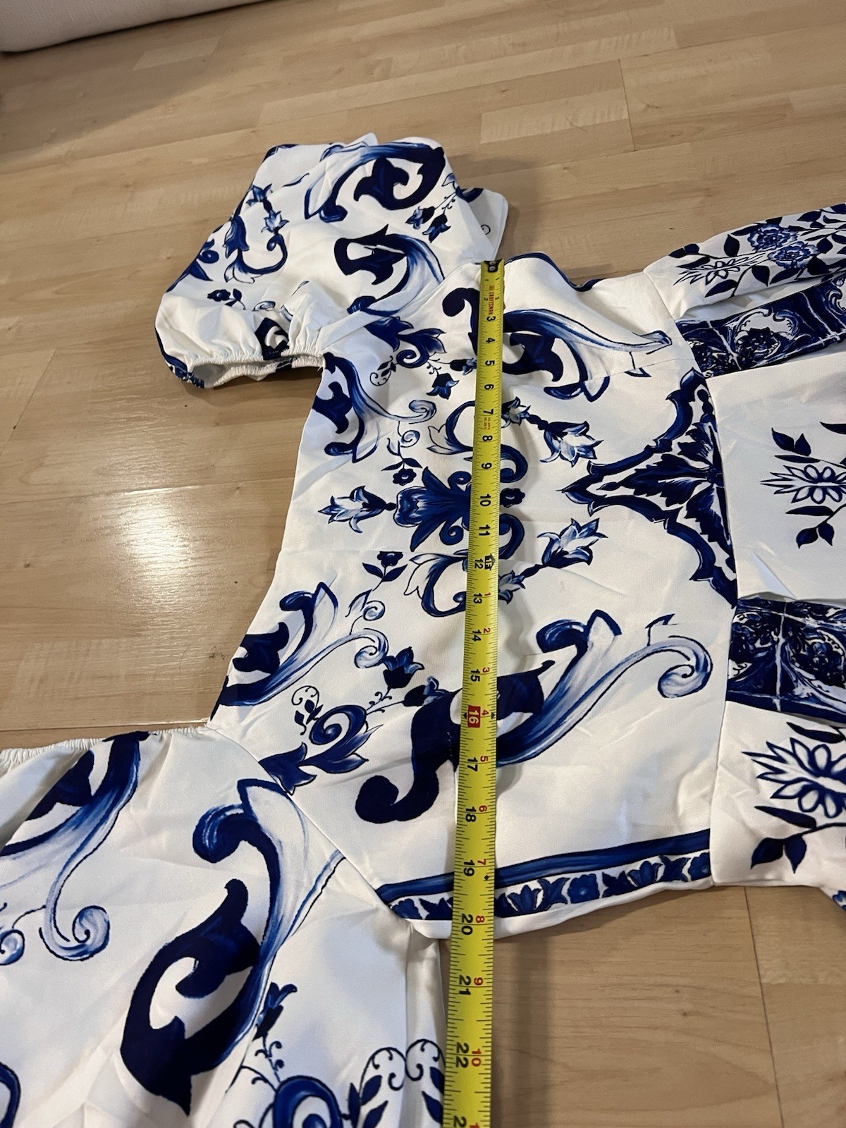 One & One Blue White Tile Print Puff Sleeve Dress Women’s 4XL Mediterranean Chic