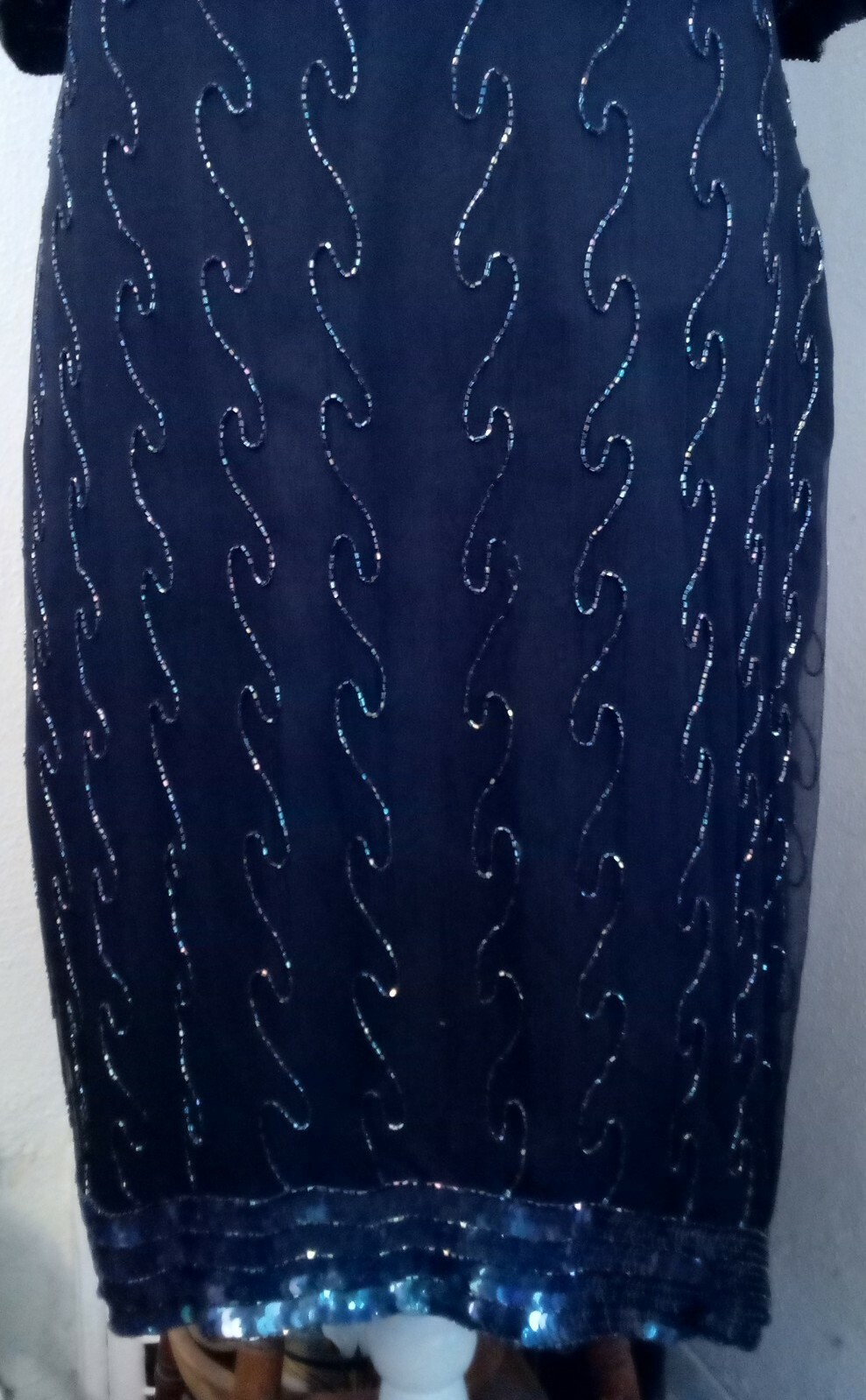Creative Creations Large Dress Midnight Blue Beaded Sequins Silk Short Sleeves