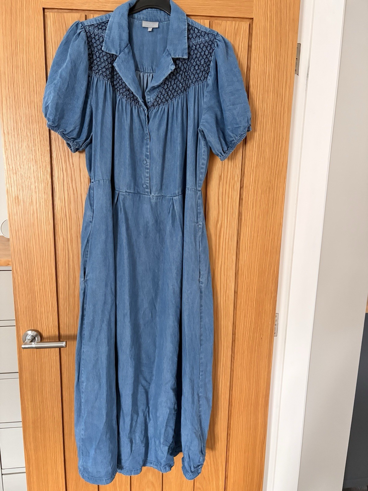 Oliver Bonas Shirt Midi Dress UK12 Light Blue Chambray Embroidered