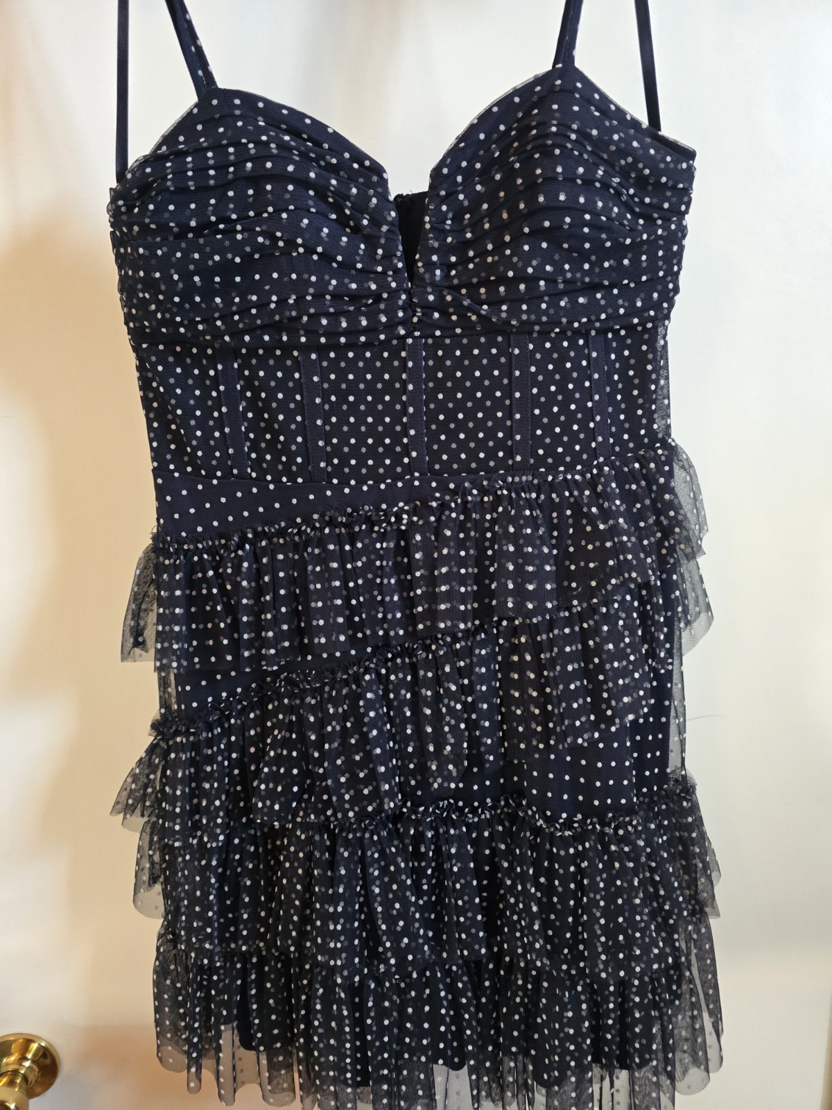 Black White Polka Dot Tiered Ruffle Mini Dress Sleeveless Straps Zip S