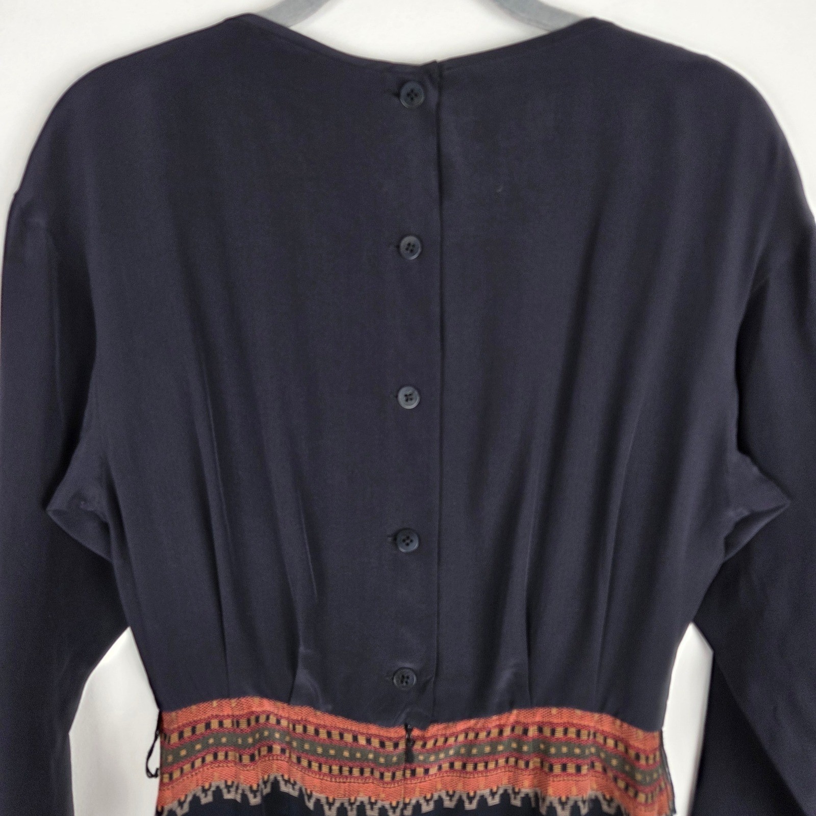 Vtg Ellen Tracy Linda Allard Petite Navy Blue Silk Long Sleeve Dress Aztec Sz 2