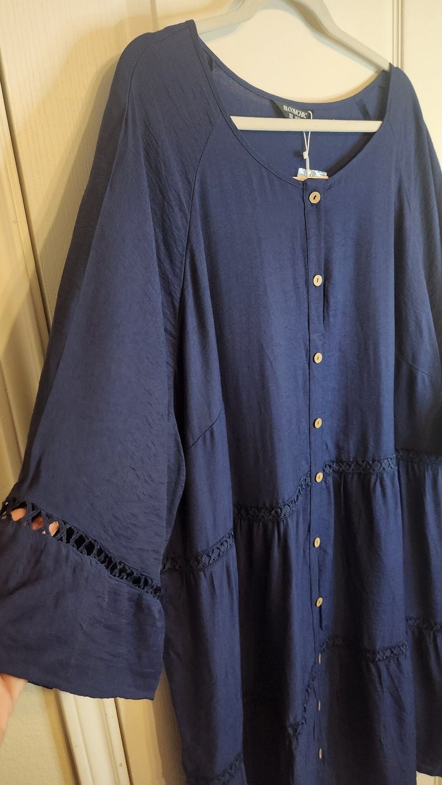 Bloomchic Navy Blue Tiered Button-Front Midi Dress with Eyelet Detail