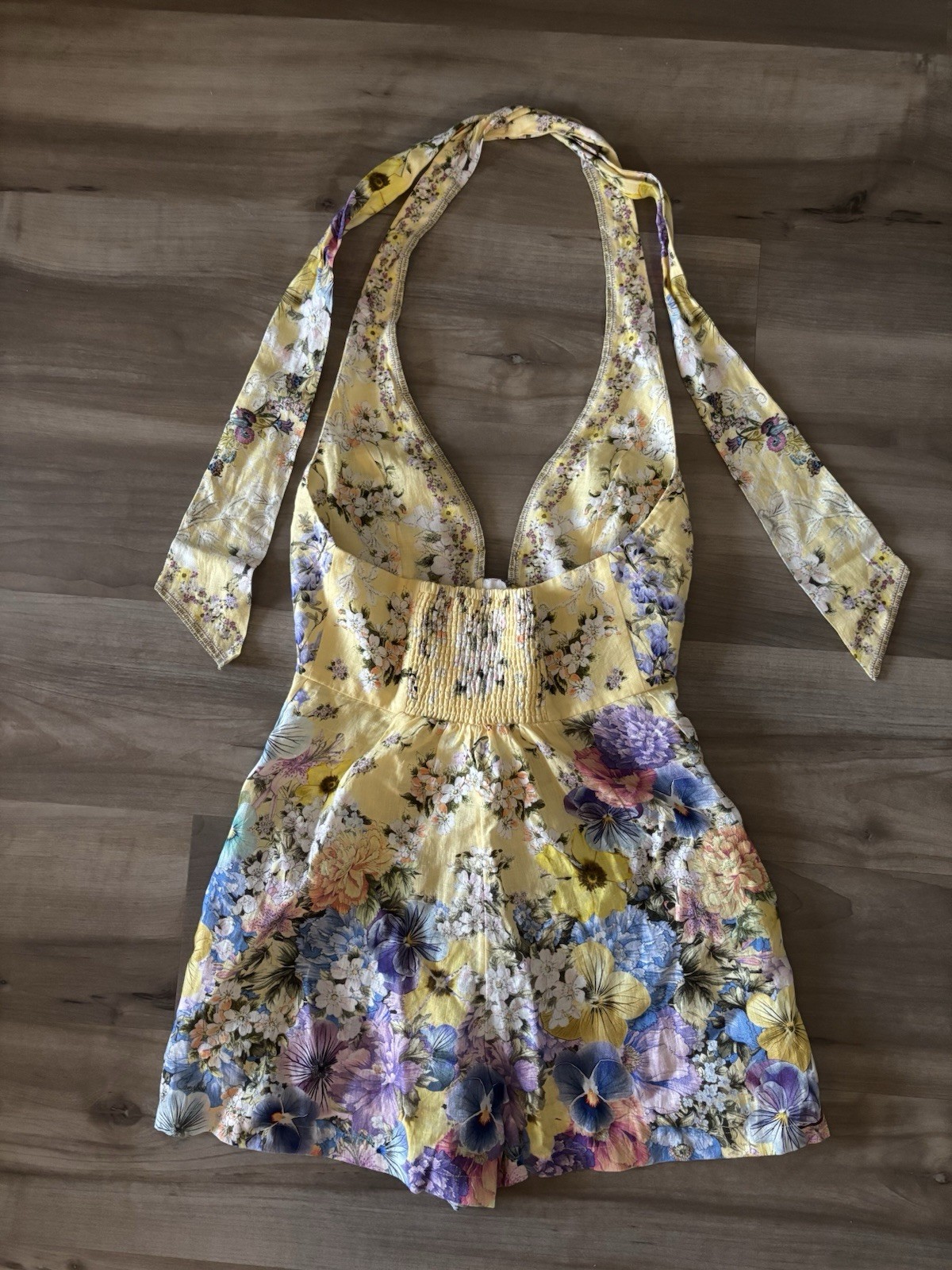 Camilla Designer Halter Romper Darling Buds Yellow And Floral 100% Linen Size XS