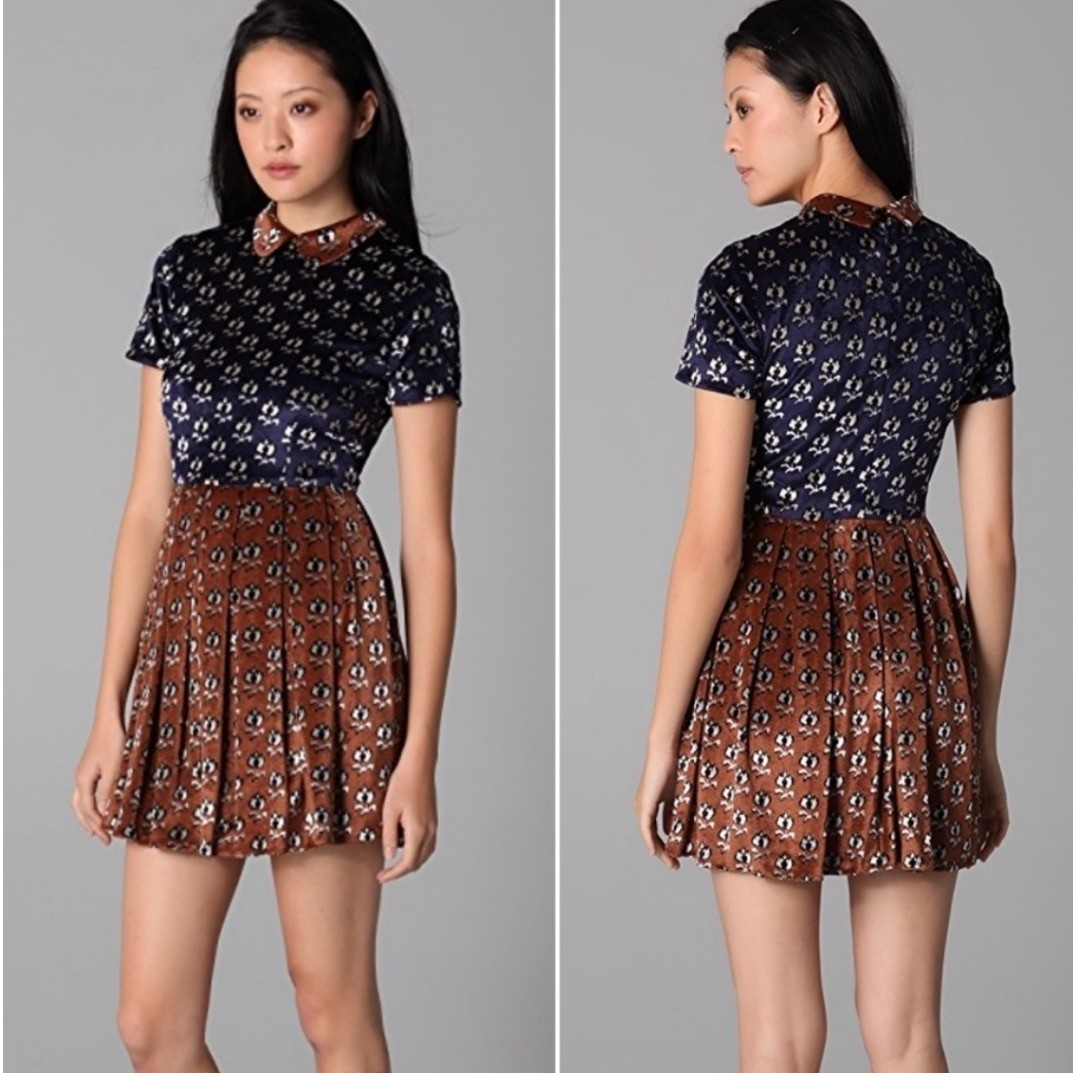Opening Ceremony Dress XS Babydoll School Girl Blue Brown Floral Mini Peter Pan