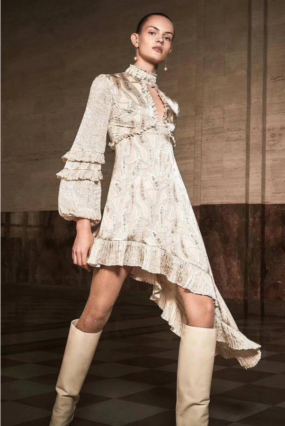 Alexis LIORA Asymmetrical Empire-Waist Keyhole Ruffle Long-Sleeve Satin Dress XS