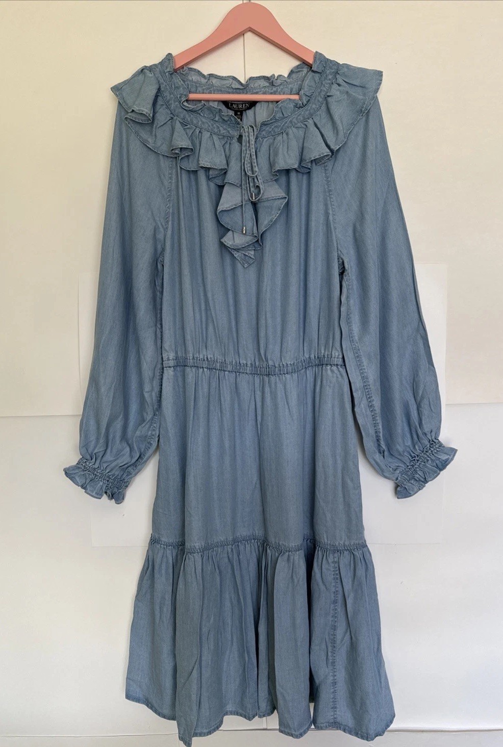 Lauren Ralph Lauren Chambray Dress Ruffle Neckline Tiered Skirt Size10 NWT
