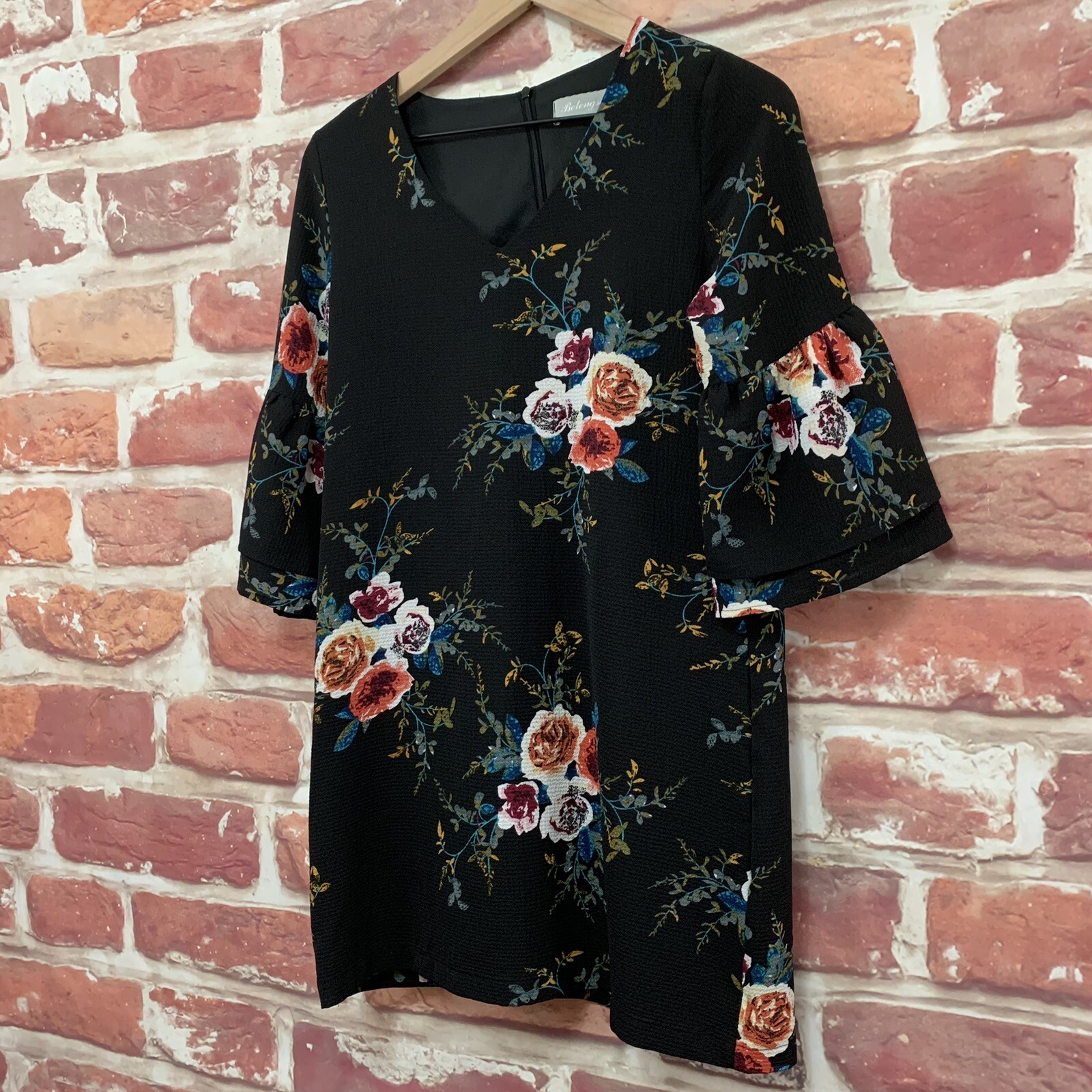 Belongsci Dress Womens Small Black Multicolor Floral Tiered Sleeve Zip Up