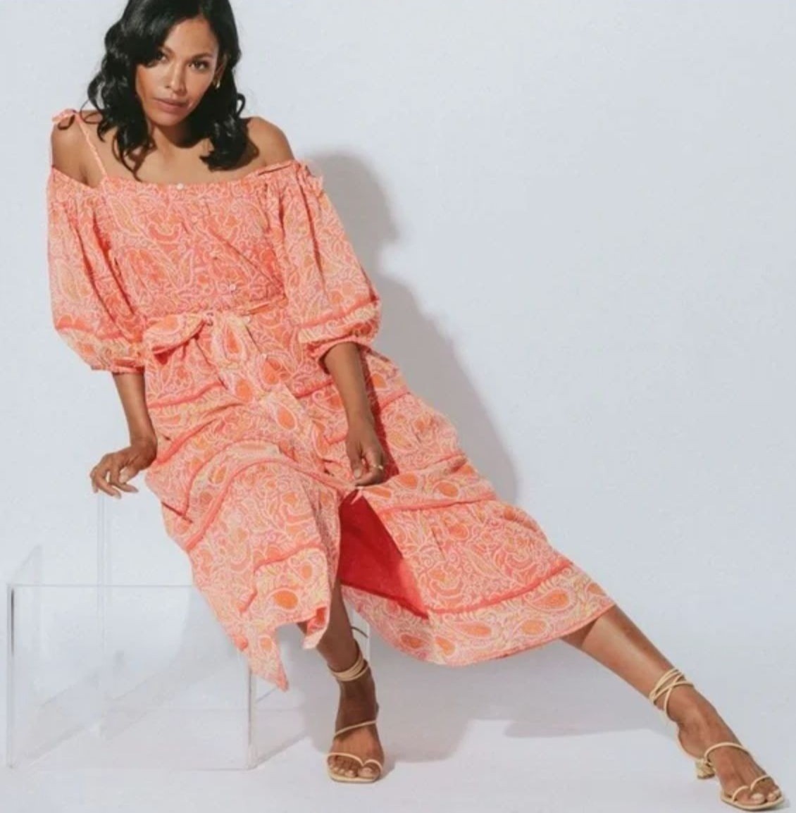 Cleobella Violet Midi Dress Blossom Floral Block Print Orange Peach Pink Medium