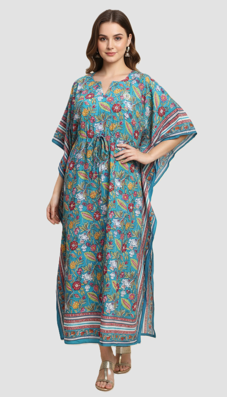 Anokhi Women’s Kaftan Dress Floral Boho Blue Tunic Cover Up Sheer One Size